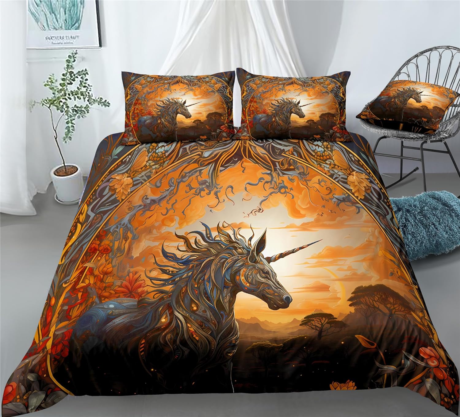 REALIN African Style Unicorns Bedding Black Unicorns Animal Duvet Cover Set Girl Boy Kids Bed Sets 2/3/4PCS Quilt Covers/Sheets/Pillow Shams,Twin/Full/Queen/King (B,Full-200x229cm-4PCS)