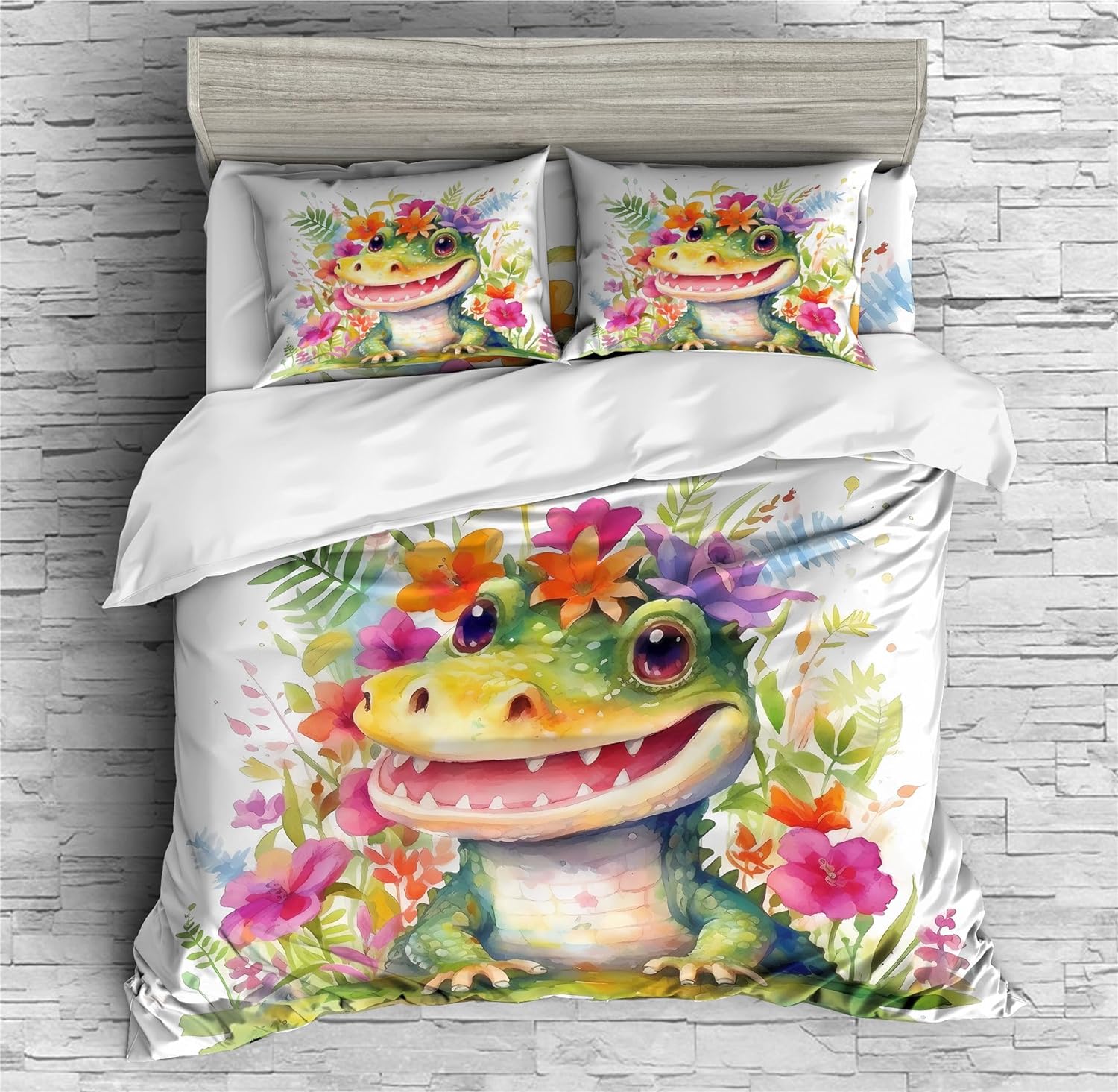 REALIN Crocodile Cartoon Animal Duvet Cover Set Fierce Alligator Animal Bedding Girl Boy Kids Bed Sets 2/3/4PCS Quilt Covers/Sheets/Pillow Shams,Twin/Full/Queen/King (A,Twin-172x218cm-3PCS)