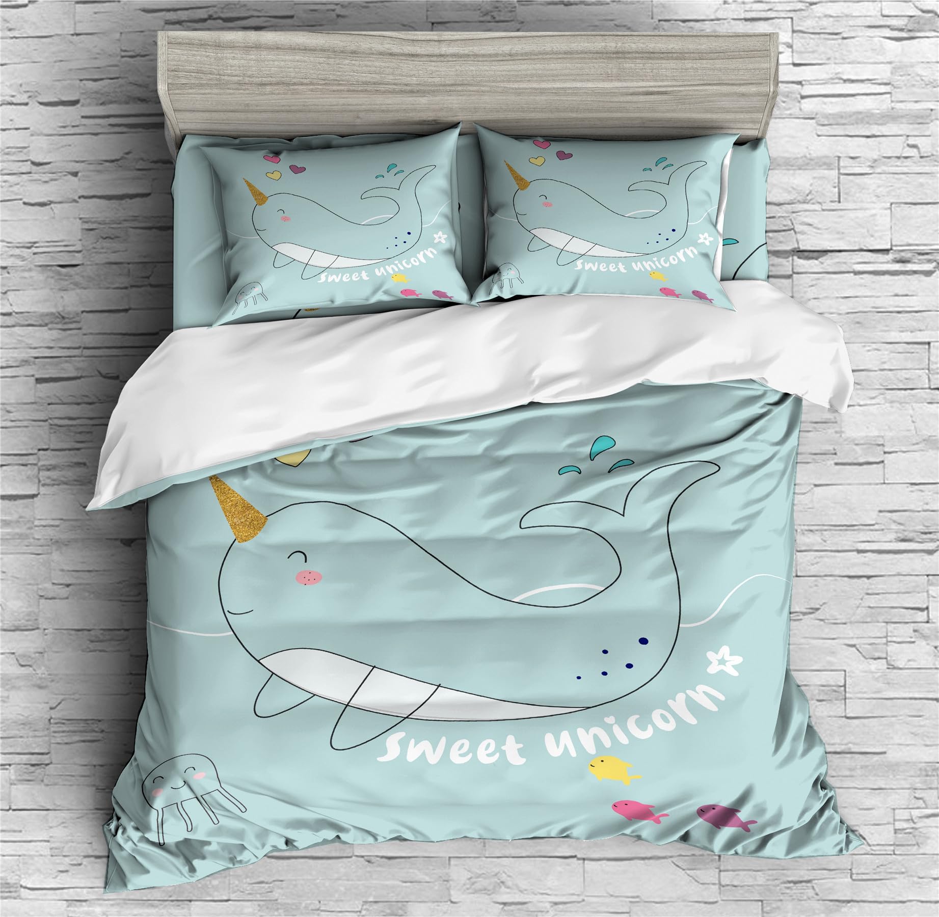 REALIN Colorful Hand-Painted Narwhal Duvet Cover Set Cartoon Narwhal Bedding Girl Boy Kids Bed Sets 2/3/4PCS Quilt Covers/Sheets/Pillow Shams,Twin/Full/Queen/King (A,Full-200x229cm-3PCS)