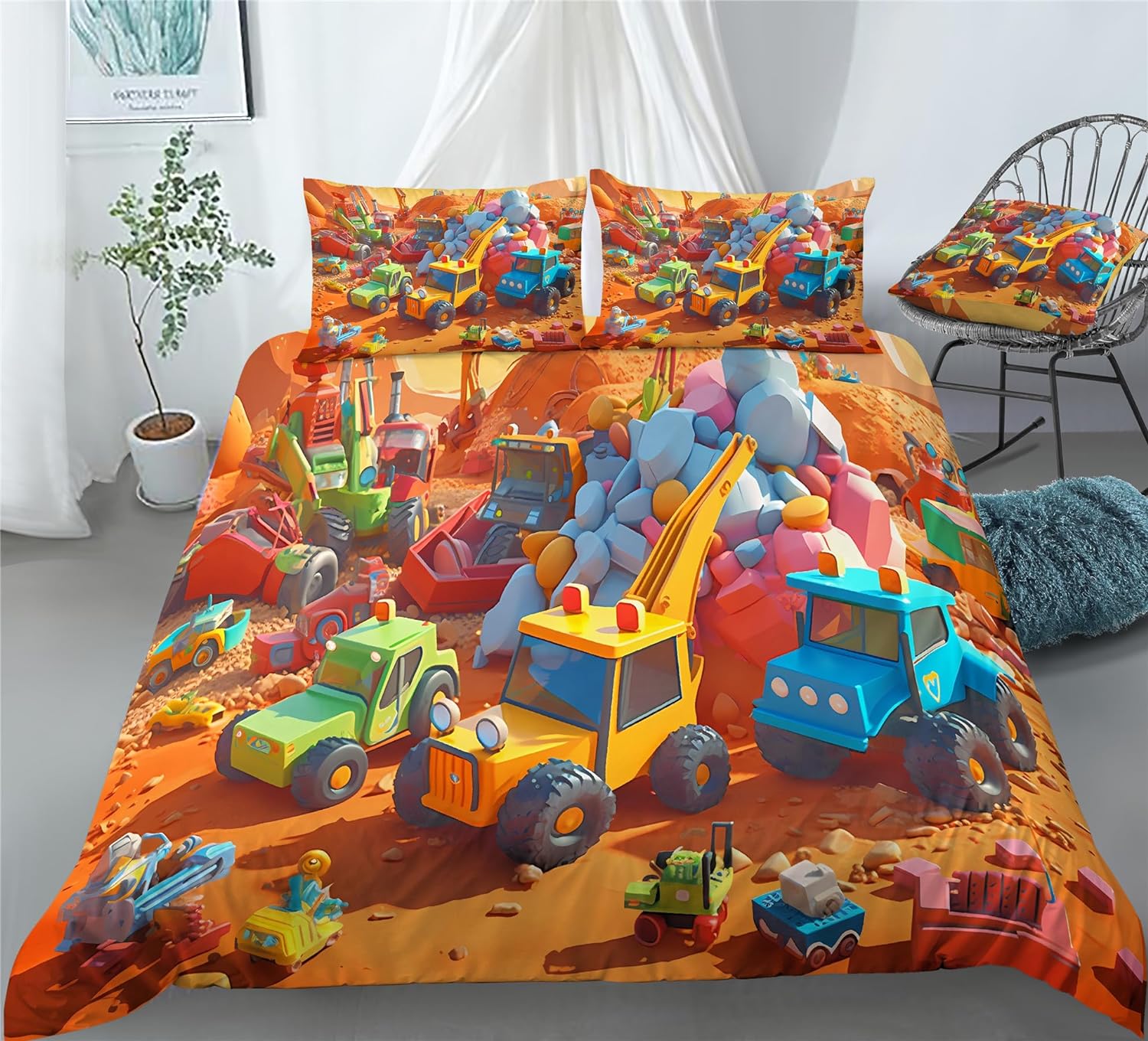 REALIN Cartoon Toys Engineering Vehicles Duvet Cover Set Excavator Bedding Girl Boy Kids Bed Sets 2/3/4PCS Quilt Covers/Sheets/Pillow Shams,Twin/Full/Queen/King (A,Queen-228x228cm-4PCS)