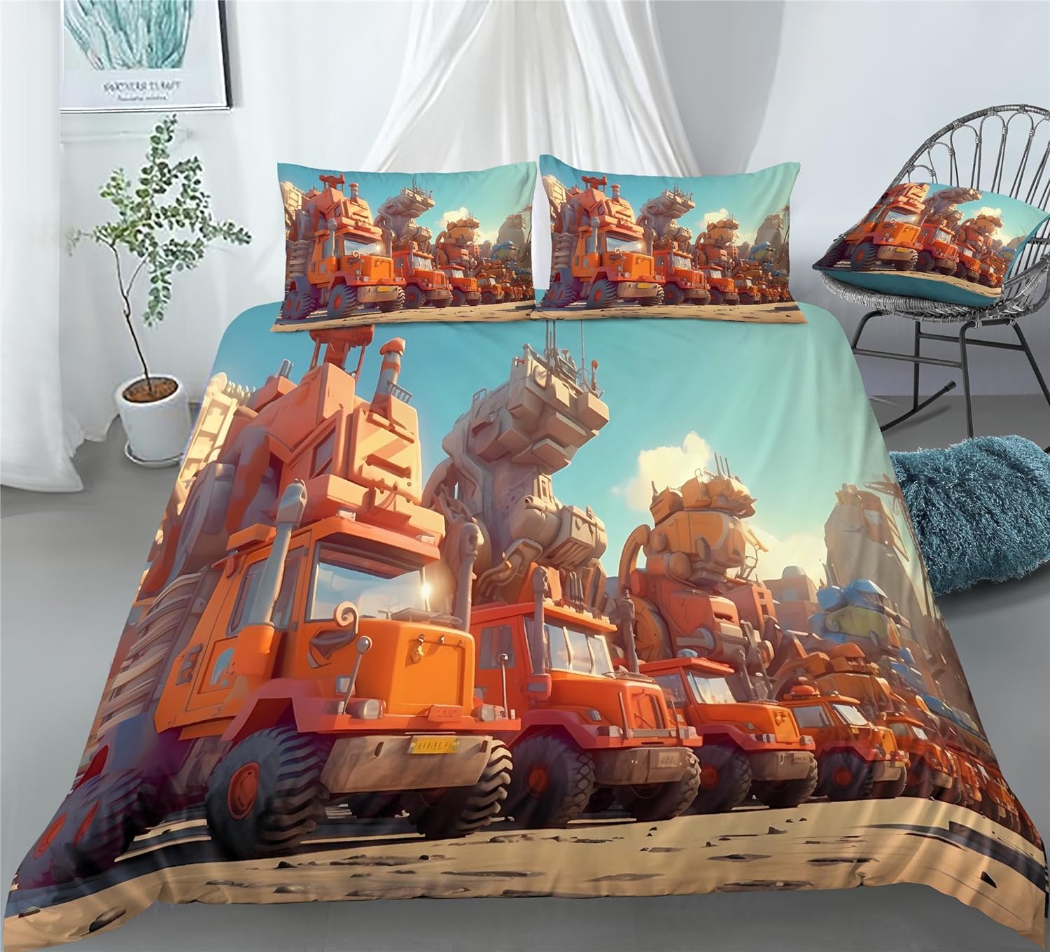 REALIN Engineering Vehicles Prints Bedding Cartoon Engineering Vehicle Duvet Cover Set Bed Sets 2/3/4PCS Quilt Covers/Sheets/Pillow Shams,Twin/Full/Queen/King (B,Twin-172x218cm-4PCS)