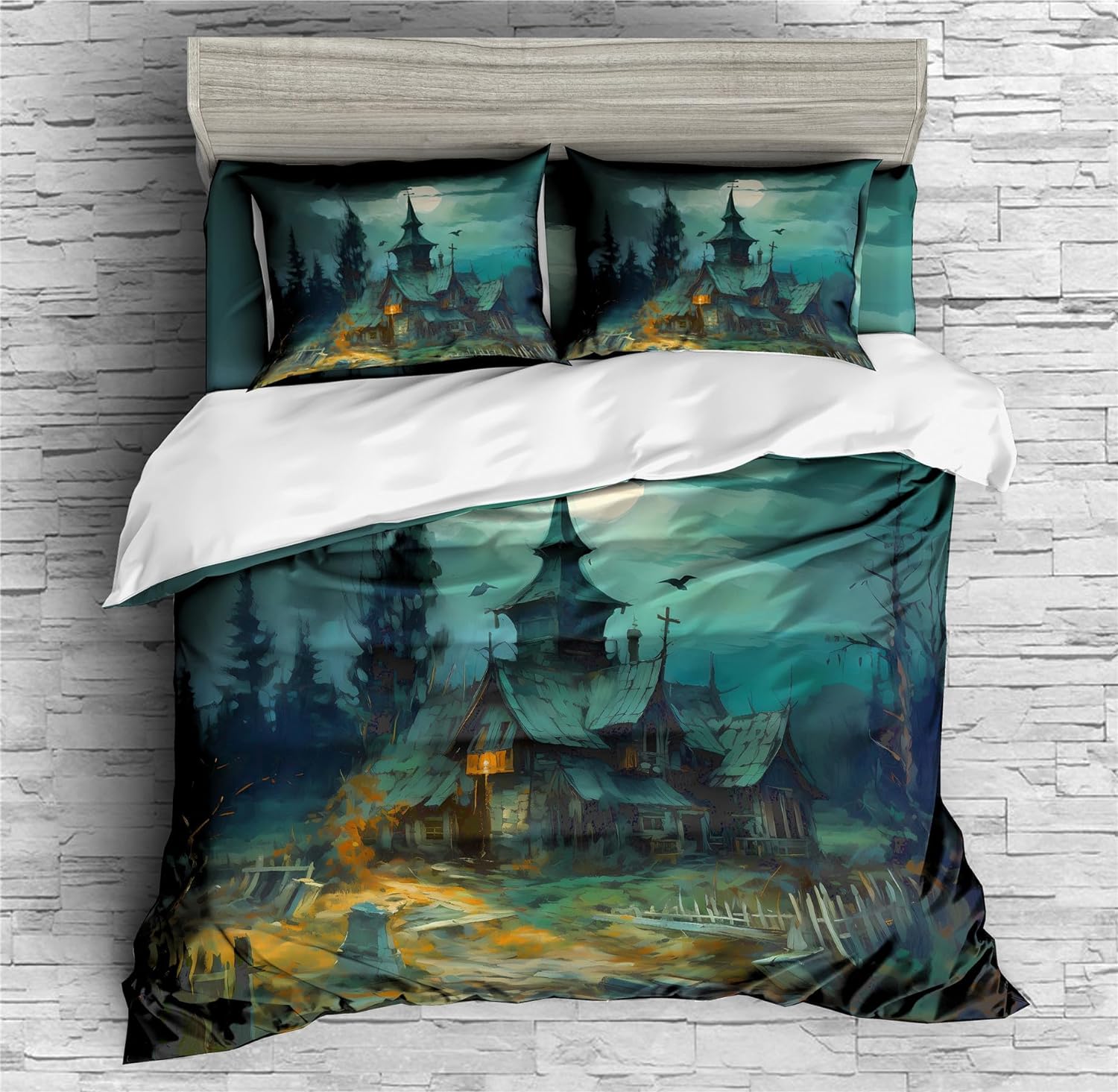 REALIN Moonlight Haunted House Bedding Horror Haunted House Duvet Cover Set Girl Boy Kids Bed Sets 2/3/4PCS Quilt Covers/Sheets/Pillow Shams,Twin/Full/Queen/King (A,Full-200x229cm-4PCS)