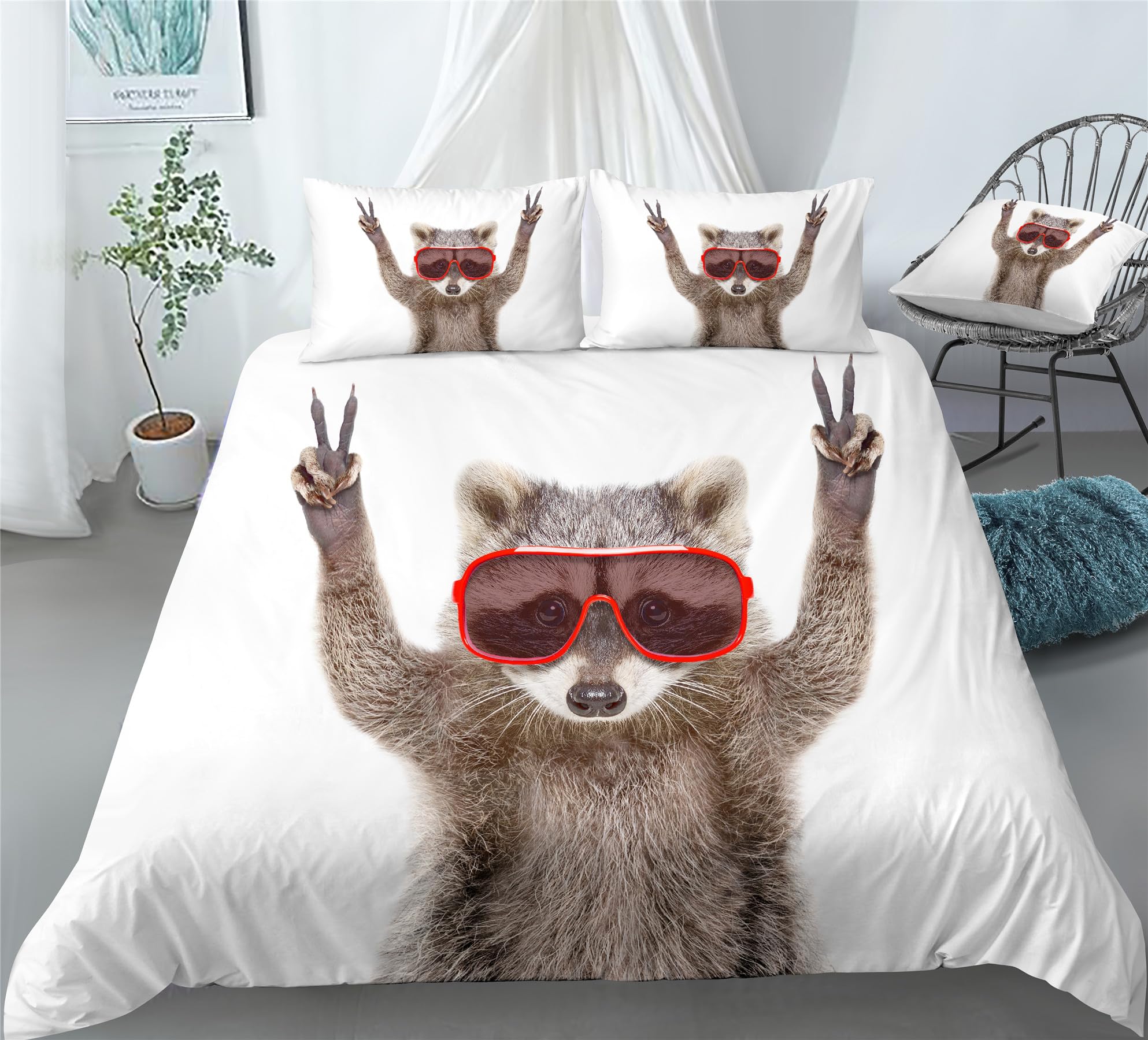 REALIN Cartoon Raccoon Duvet Cover Set Raccoon Animal Print Bedding Girl Boy Kids Bed Sets 2/3/4PCS Quilt Covers/Sheets/Pillow Shams,Twin/Full/Queen/King (C,Queen-228x228cm-4PCS)