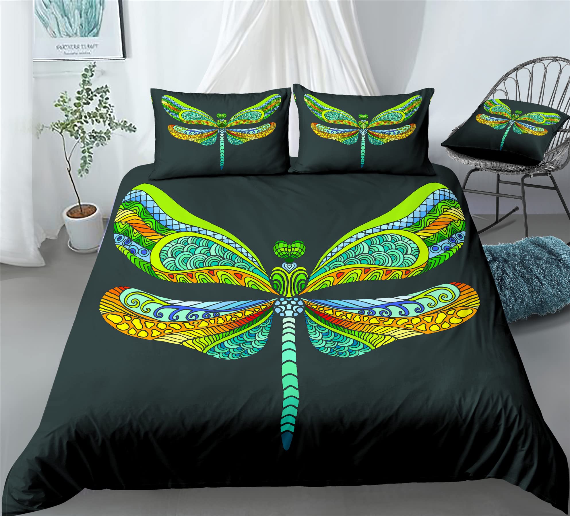 REALIN Dragonfly Duvet Cover Set Dragonflies Cartoon Insect Decoration Bedding Girl Boy Kids Bed Sets 2/3/4PCS Quilt Covers/Sheets/Pillow Shams,Twin/Full/Queen/King (A,Twin-172x218cm-3PCS)