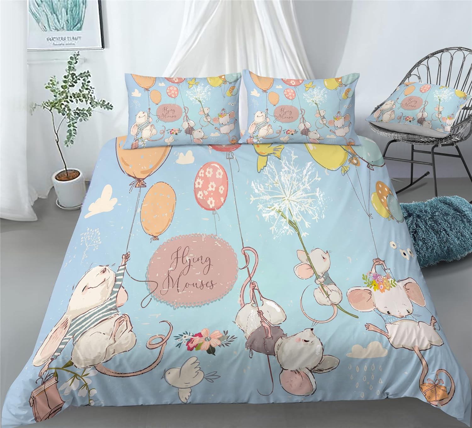 REALIN Christmas Mouse Print Bedding Mouse Receiving Gifts Print Duvet Cover Set Girl Boy Kids Bed Sets 2/3/4PCS Quilt Covers/Sheets/Pillow Shams,Twin/Full/Queen/King (A,Queen-228x228cm-3PCS)