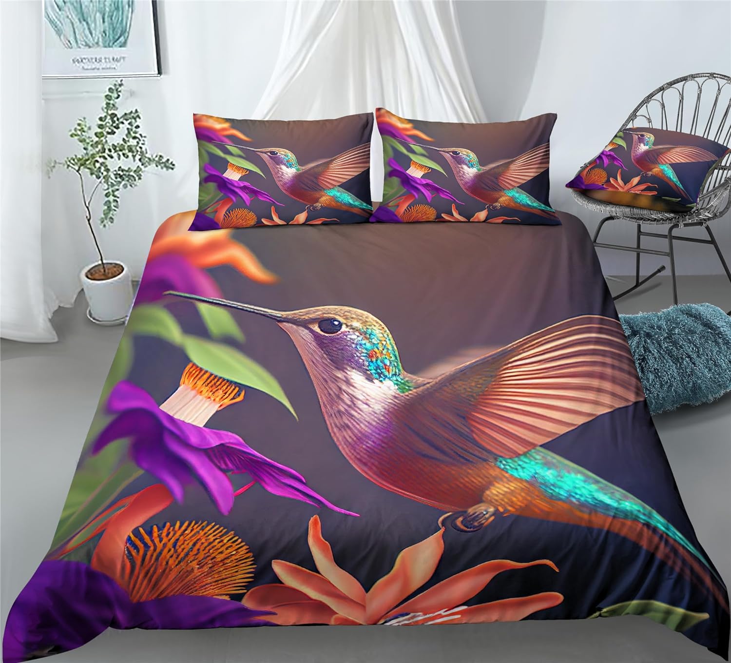 REALIN Hummingbird Bedding Birds Small Bird Animal Cute Animals Duvet Cover Set Girl Boy Kids Bed Sets 2/3/4PCS Quilt Covers/Sheets/Pillow Shams,Twin/Full/Queen/King (C,Queen-228x228cm-4PCS)