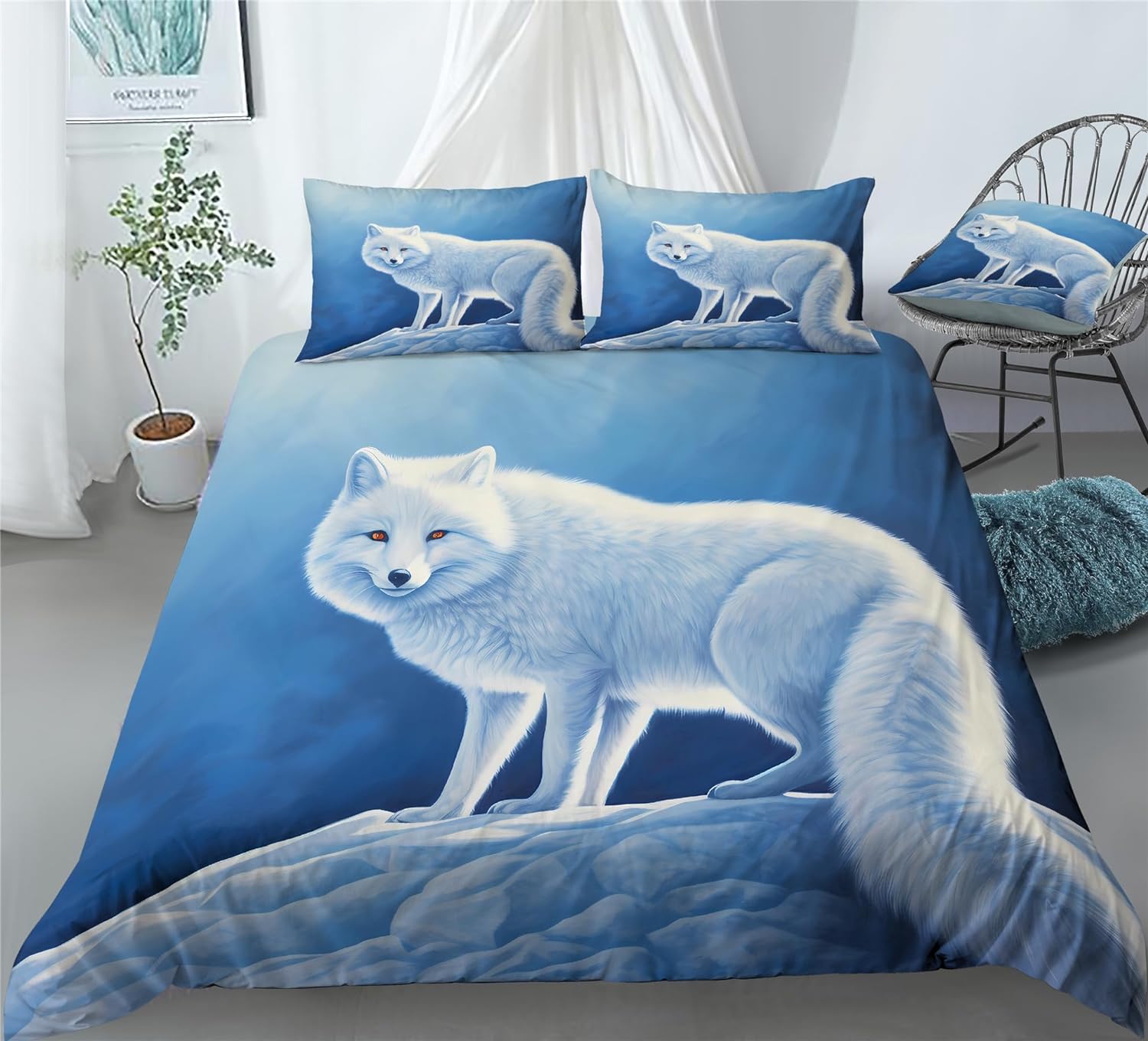 REALIN Cartoon Arctic Fox Animals Duvet Cover Set White Fox Animals Bedding Girl Boy Kids Bed Sets 2/3/4PCS Quilt Covers/Sheets/Pillow Shams,Twin/Full/Queen/King (B,Twin-172x218cm-3PCS)