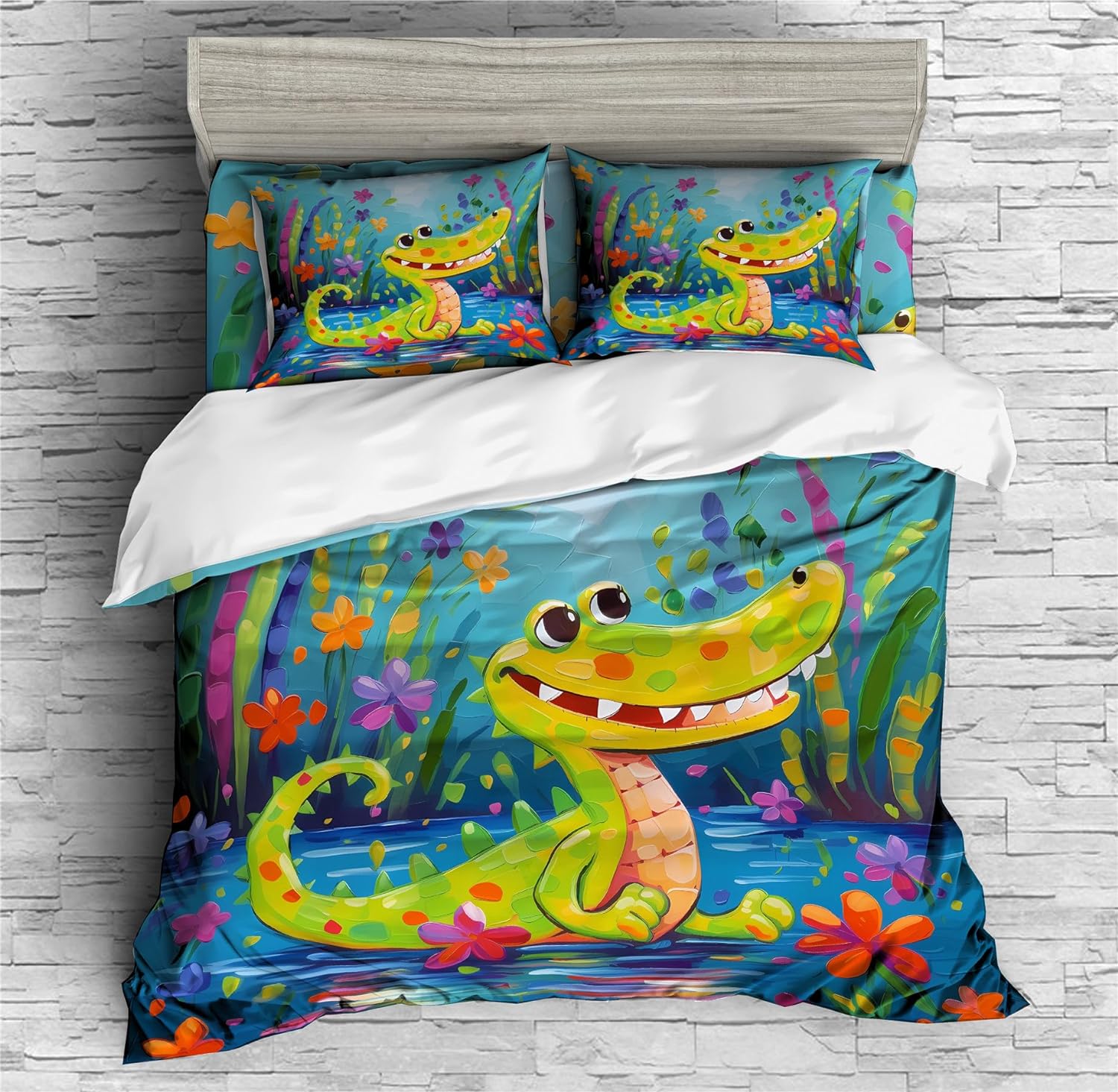 REALIN Baby Crocodile Wildlife Prints Duvet Cover Set Crocodile Animal Bedding Girl Boy Kids Bed Sets 2/3/4PCS Quilt Covers/Sheets/Pillow Shams,Twin/Full/Queen/King (A,Full-200x229cm-3PCS)