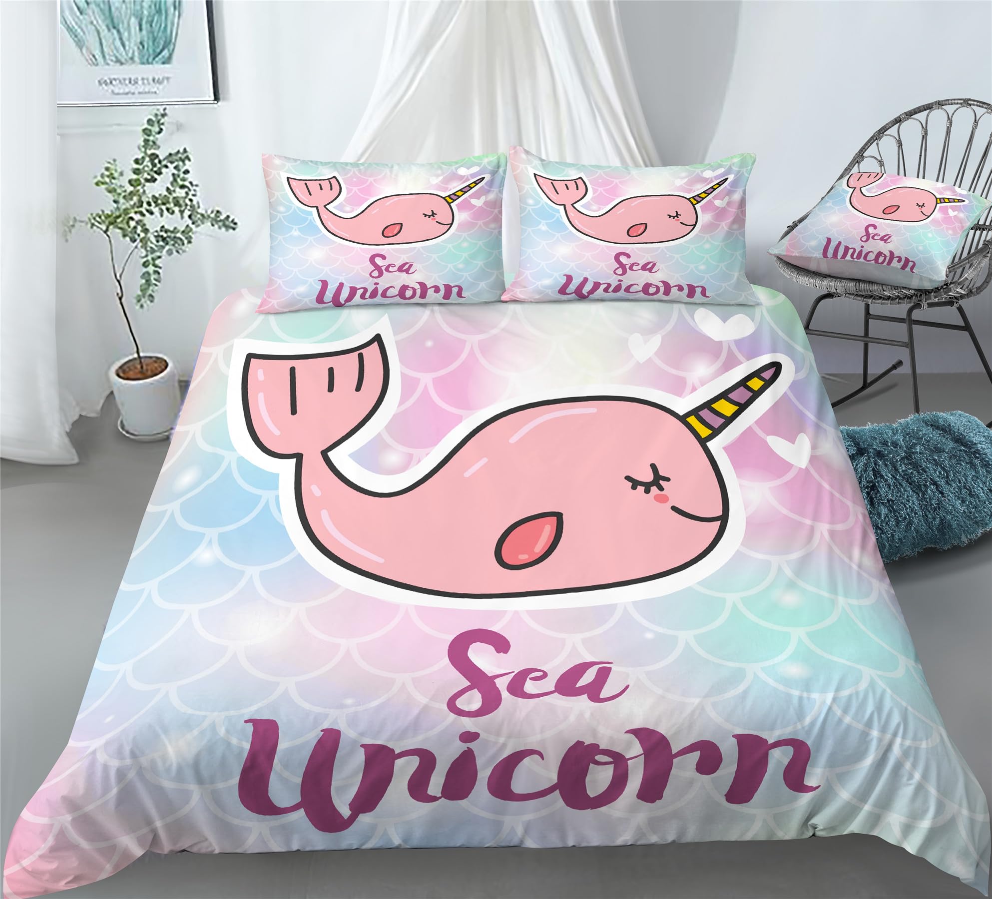 REALIN Narwhal Cartoon Animal Duvet Cover Set Cute Marine Animals Bedding Girl Boy Kids Bed Sets 2/3/4PCS Quilt Covers/Sheets/Pillow Shams,Twin/Full/Queen/King (C,King-229x259cm-3PCS)