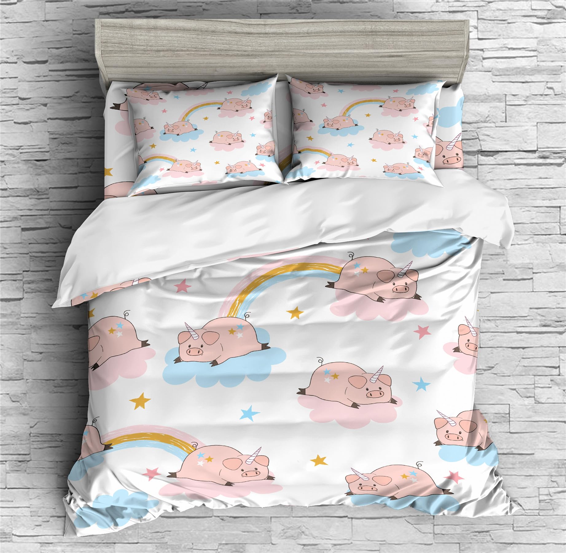 REALIN Clouds Unicorn Pig Decoration Duvet Cover Set Rainbow Unicorn Pig Bedding Girl Boy Kids Bed Sets 2/3/4PCS Quilt Covers/Sheets/Pillow Shams,Twin/Full/Queen/King (A,King-229x259cm-4PCS)