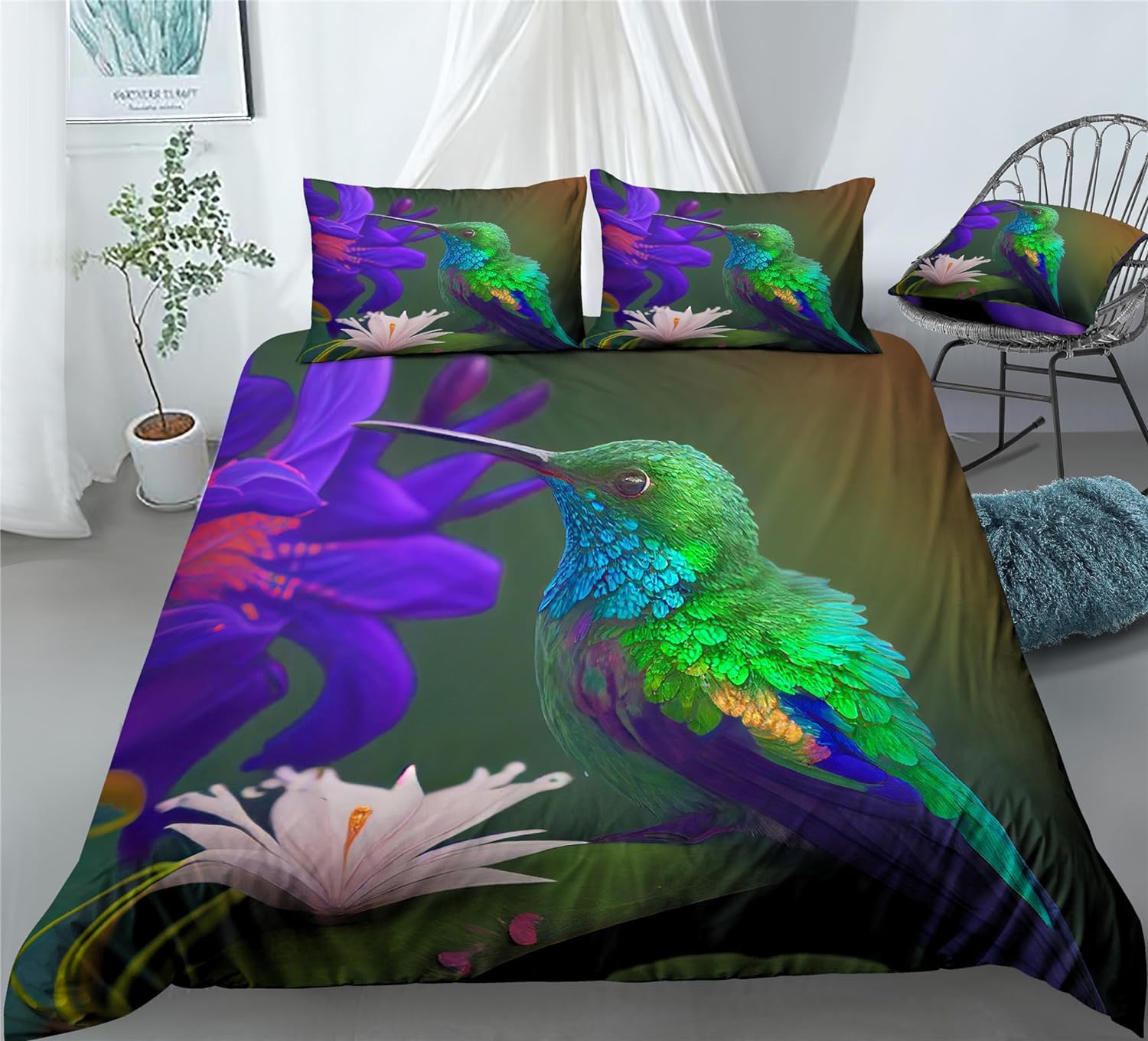 REALIN Hummingbird Bedding Birds Small Bird Animal Cute Animals Duvet Cover Set Girl Boy Kids Bed Sets 2/3/4PCS Quilt Covers/Sheets/Pillow Shams,Twin/Full/Queen/King (C,Queen-228x228cm-4PCS)