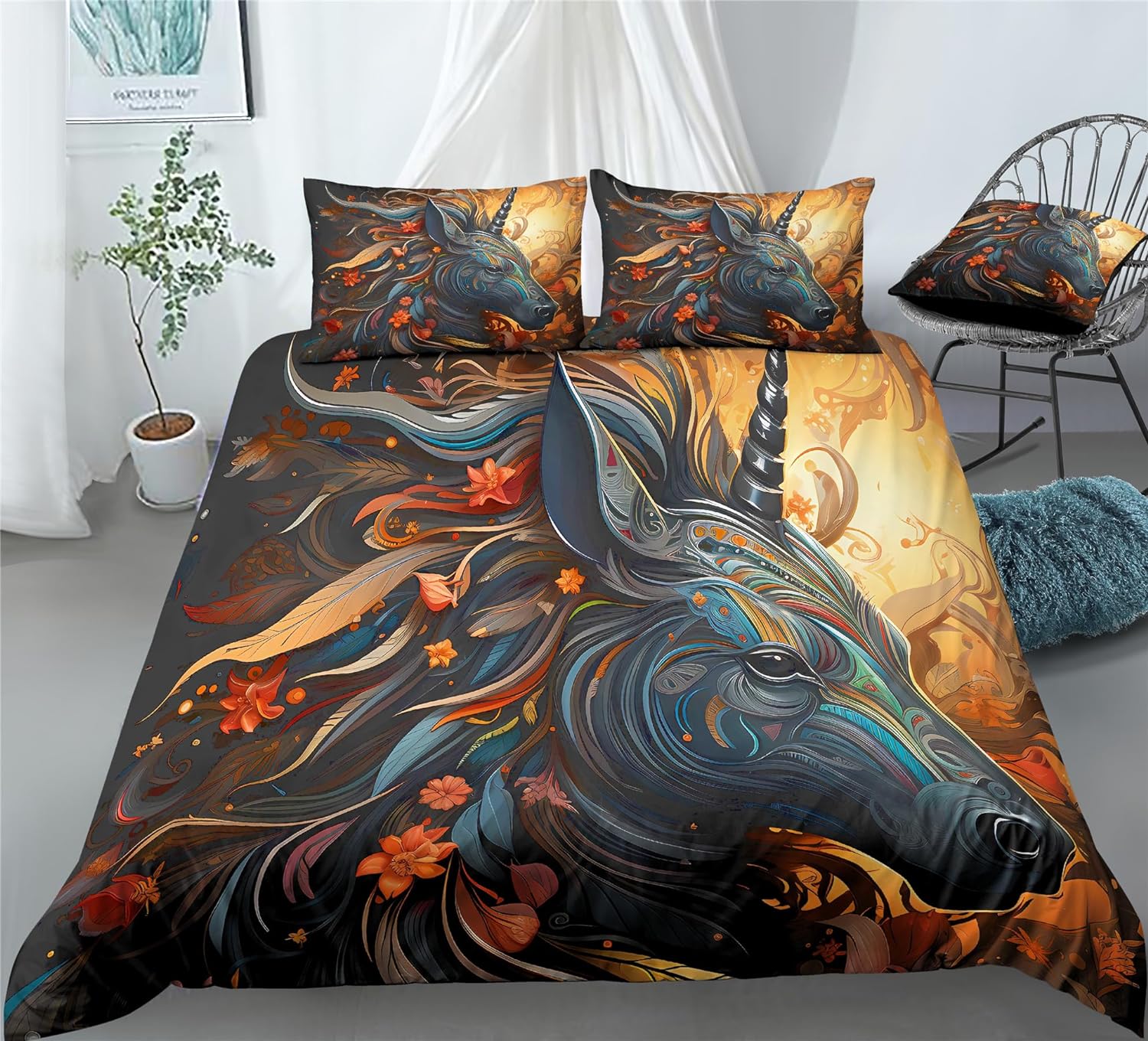 REALIN Unicorn Wildlife Bedding African Style Unicorn Duvet Cover Set Girl Boy Kids Bed Sets 2/3/4PCS Quilt Covers/Sheets/Pillow Shams,Twin/Full/Queen/King (C,Full-200x229cm-3PCS)