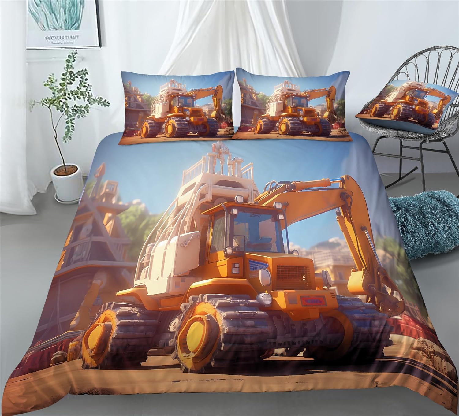 REALIN Engineering Vehicles Prints Bedding Cartoon Engineering Vehicle Duvet Cover Set Bed Sets 2/3/4PCS Quilt Covers/Sheets/Pillow Shams,Twin/Full/Queen/King (B,Twin-172x218cm-4PCS)