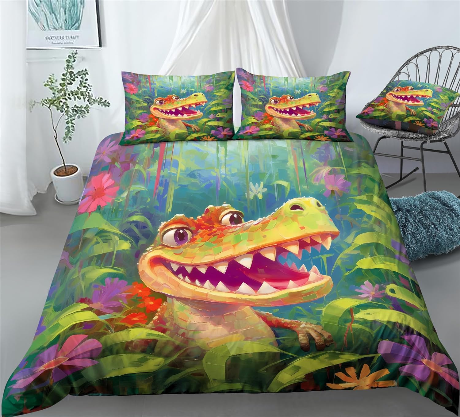 REALIN Cute Crocodile Wildlife Duvet Cover Set Hand Drawn Crocodile Bedding Girl Boy Kids Bed Sets 2/3/4PCS Quilt Covers/Sheets/Pillow Shams,Twin/Full/Queen/King (A,Queen-228x228cm-3PCS)