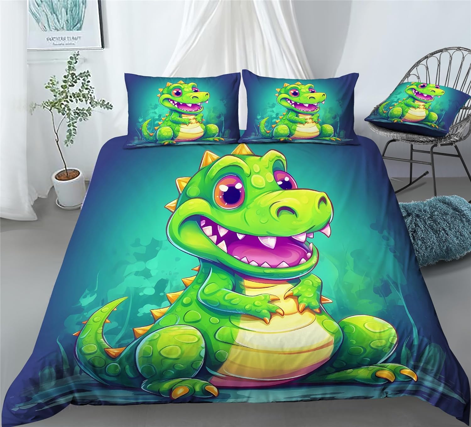 REALIN Crocodile Cartoon Animal Bedding Fierce Alligator Animal Duvet Cover Set Girl Boy Kids Bed Sets 2/3/4PCS Quilt Covers/Sheets/Pillow Shams,Twin/Full/Queen/King (A,Twin-172x218cm-3PCS)