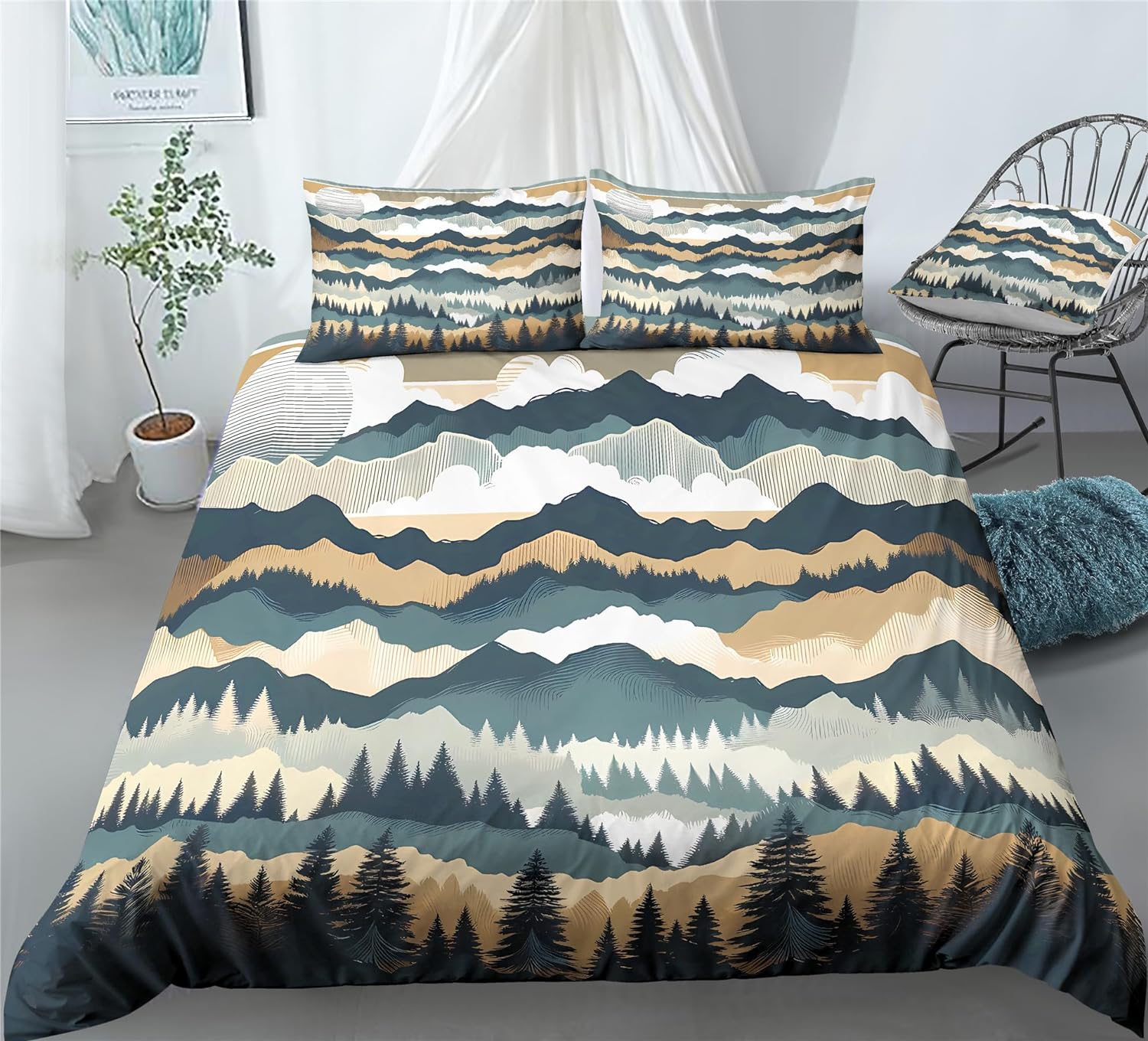 REALIN Mountain Forest Duvet Cover Set Cloud and Mist on The Mountaintop Bedding Girl Boy Kids Bed Sets 2/3/4PCS Quilt Covers/Sheets/Pillow Shams,Twin/Full/Queen/King (B,Queen-228x228cm-3PCS)