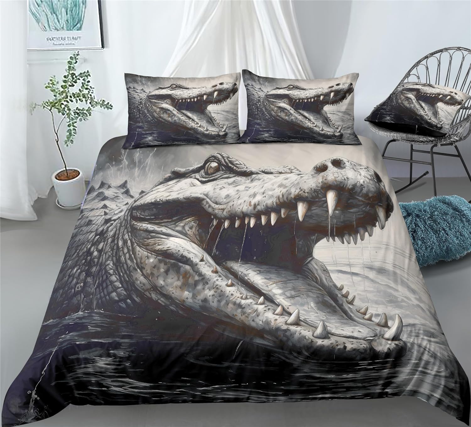 REALIN Crocodile Bedding Crocodile Opening Its Bloody Mouth Duvet Cover Set Girl Boy Kids Bed Sets 2/3/4PCS Quilt Covers/Sheets/Pillow Shams,Twin/Full/Queen/King (B,Twin-172x218cm-4PCS)