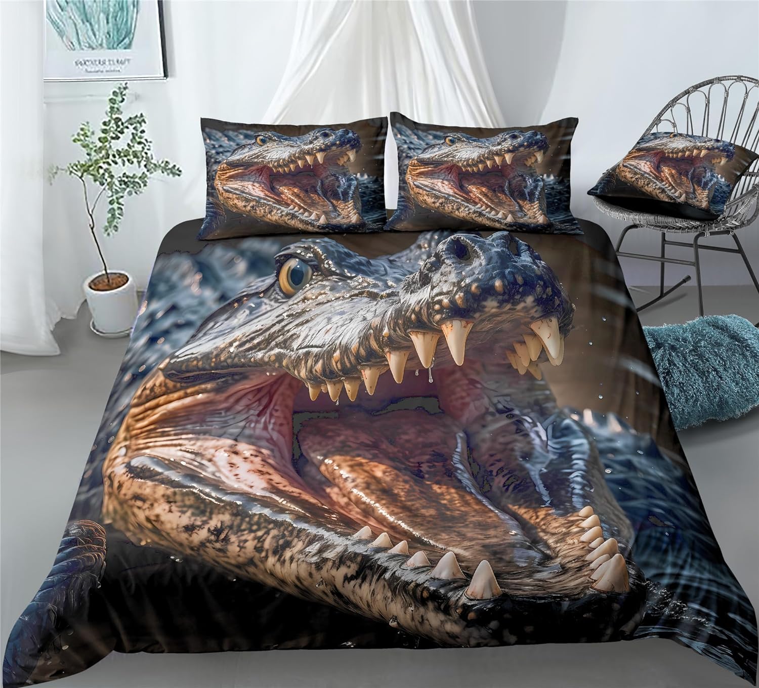 REALIN Retro Hand-Painted Crocodile Animal Duvet Cover Set Crocodile Bedding Girl Boy Kids Bed Sets 2/3/4PCS Quilt Covers/Sheets/Pillow Shams,Twin/Full/Queen/King (C,Queen-228x228cm-3PCS)