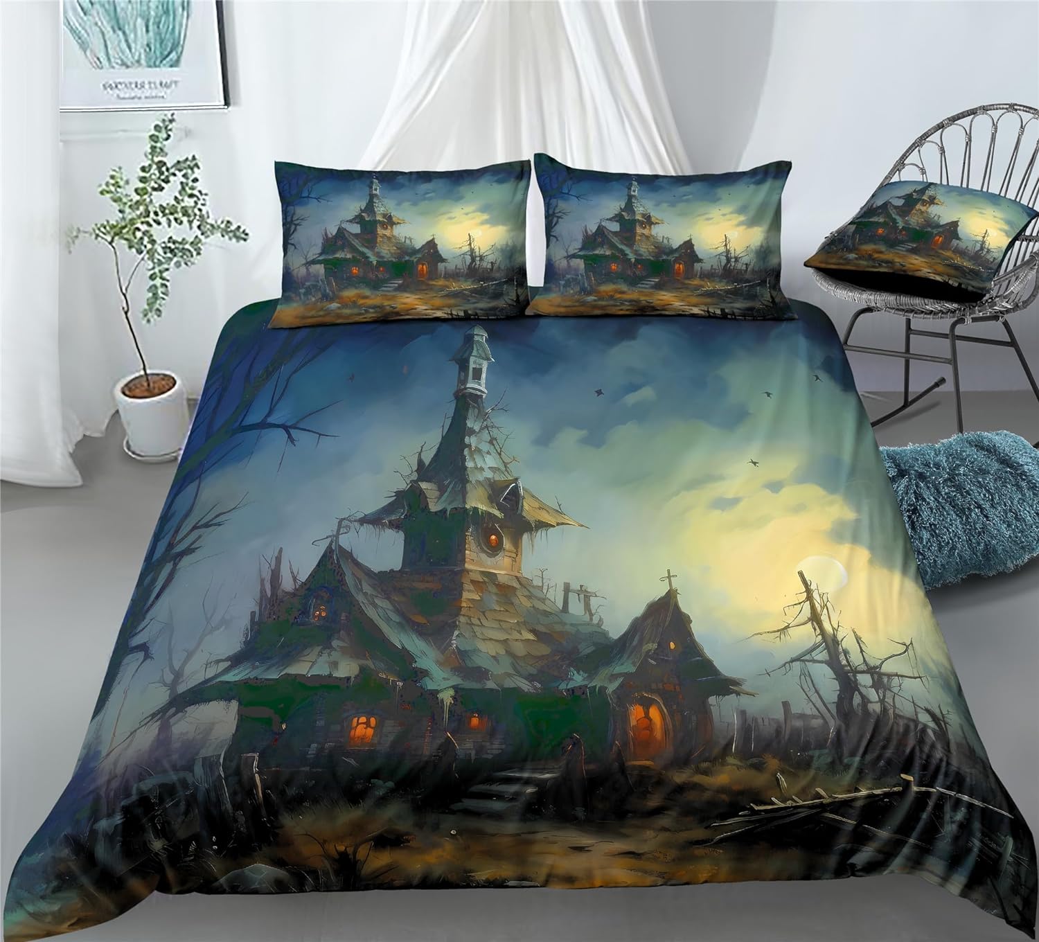 REALIN Moonlight Haunted House Duvet Cover Set Horror Haunted House Bedding Girl Boy Kids Bed Sets 2/3/4PCS Quilt Covers/Sheets/Pillow Shams,Twin/Full/Queen/King (A,Twin-172x218cm-3PCS)