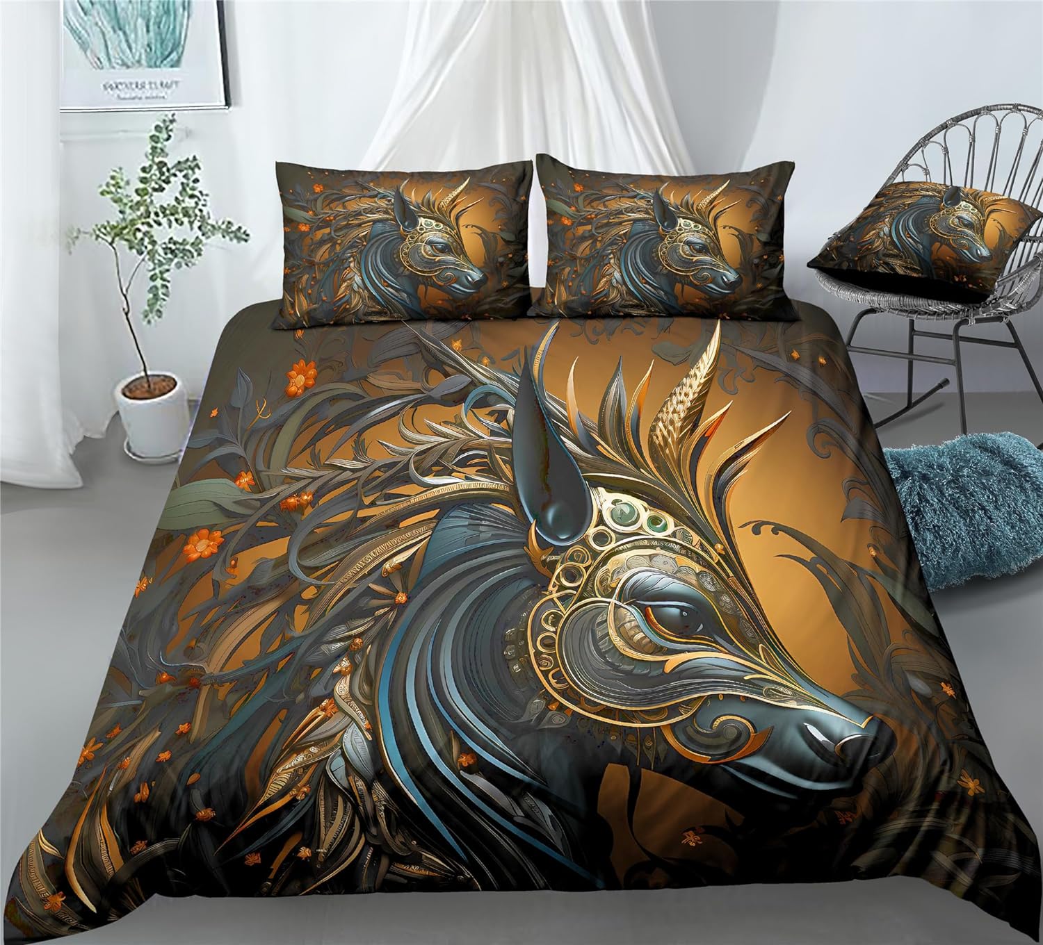 REALIN Black Wildlife Unicorn Wildlife Duvet Cover Set War-Horse Unicorn Bedding Girl Boy Kids Bed Sets 2/3/4PCS Quilt Covers/Sheets/Pillow Shams,Twin/Full/Queen/King (C,Twin-172x218cm-4PCS)