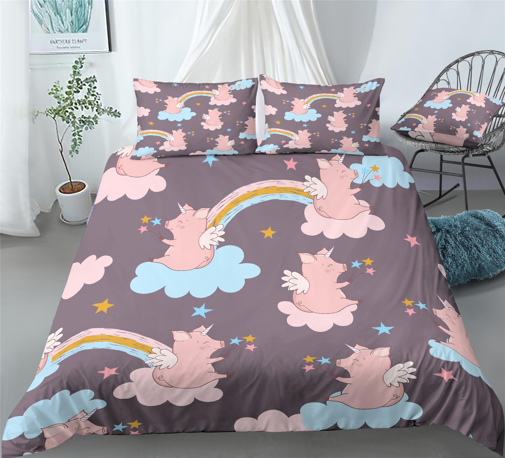 REALIN Clouds Unicorn Pig Decoration Bedding Rainbow Unicorn Pig Duvet Cover Set Girl Boy Kids Bed Sets 2/3/4PCS Quilt Covers/Sheets/Pillow Shams,Twin/Full/Queen/King (C,Twin-172x218cm-3PCS)