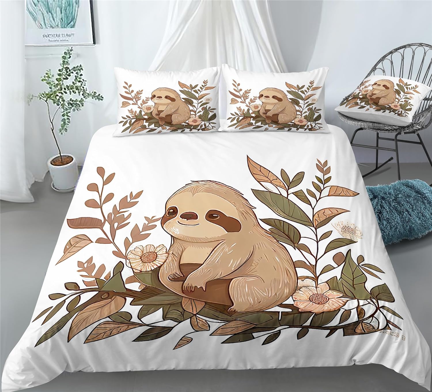 REALIN Laziness Cute Sloth Animal Bedding Cartoon Sloth Duvet Cover Set Girl Boy Kids Bed Sets 2/3/4PCS Quilt Covers/Sheets/Pillow Shams,Twin/Full/Queen/King (A,Full-200x229cm-3PCS)