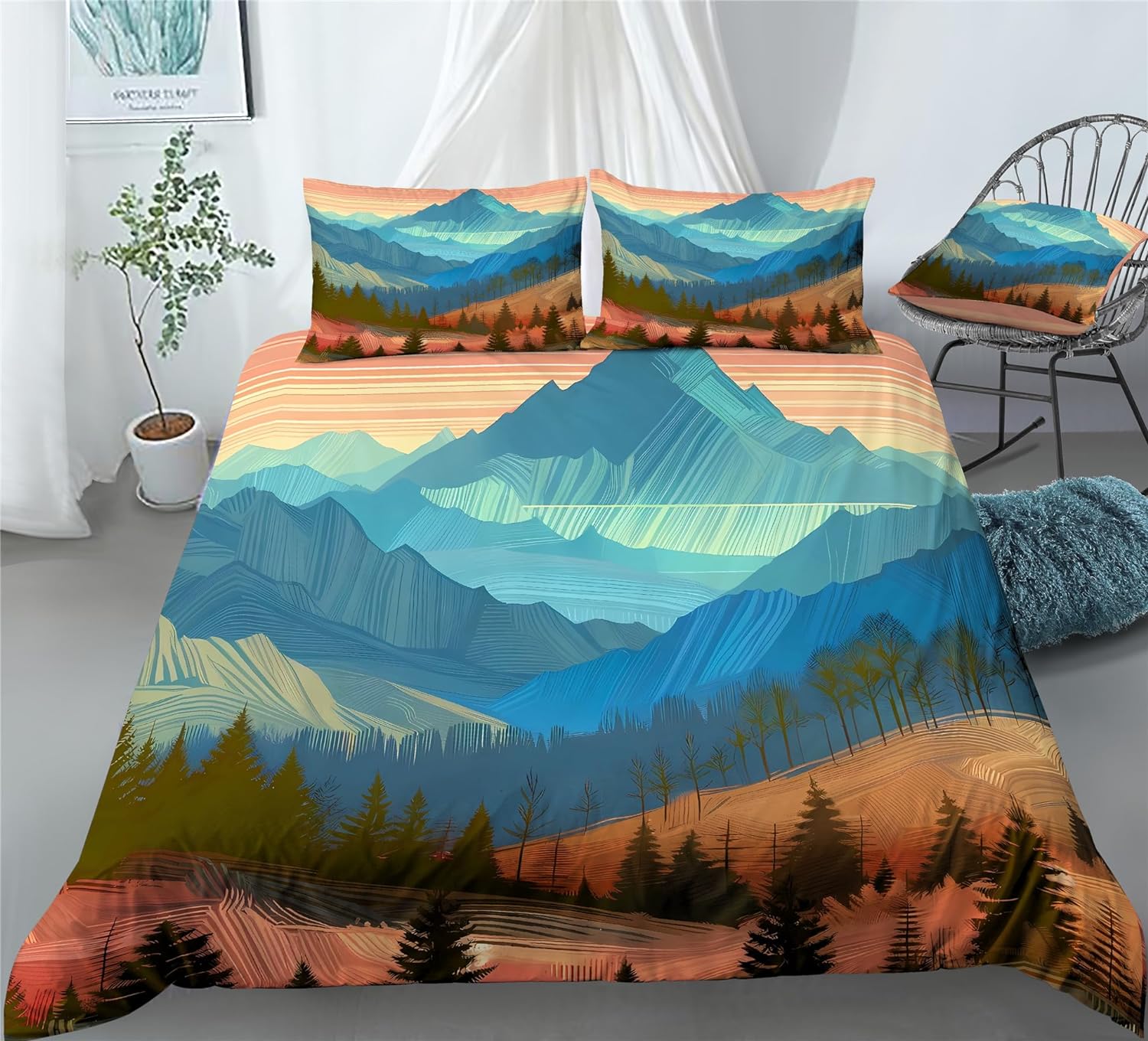 REALIN Mountain Range Forests Duvet Cover Set Natural Scenery Fairyland Bedding Girl Boy Kids Bed Sets 2/3/4PCS Quilt Covers/Sheets/Pillow Shams,Twin/Full/Queen/King (A,Full-200x229cm-4PCS)