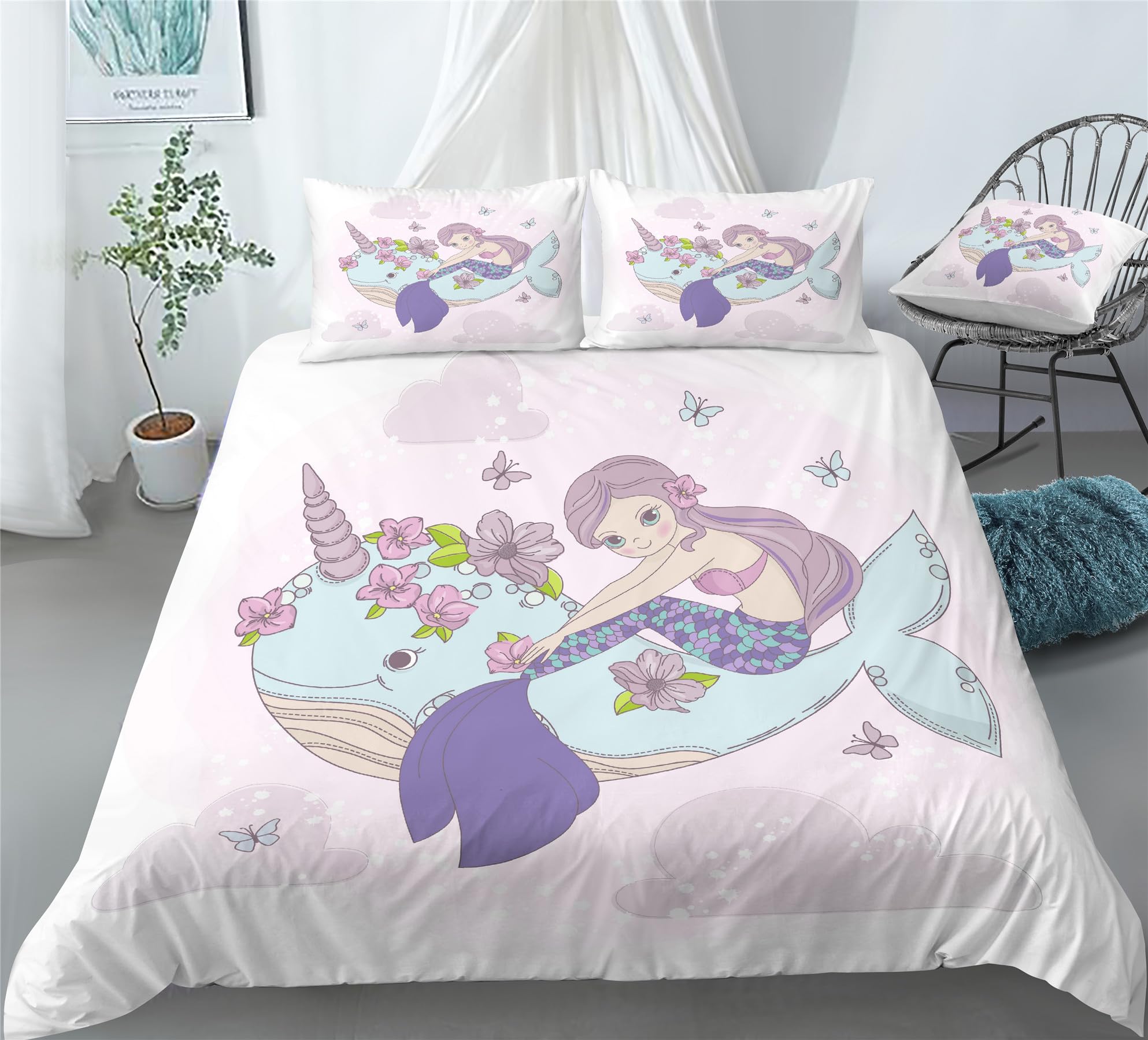 REALIN Cartoon Blue Narwhal Bedding Narwhal Marine Animal Duvet Cover Set Girl Boy Kids Bed Sets 2/3/4PCS Quilt Covers/Sheets/Pillow Shams,Twin/Full/Queen/King (A,King-229x259cm-3PCS)