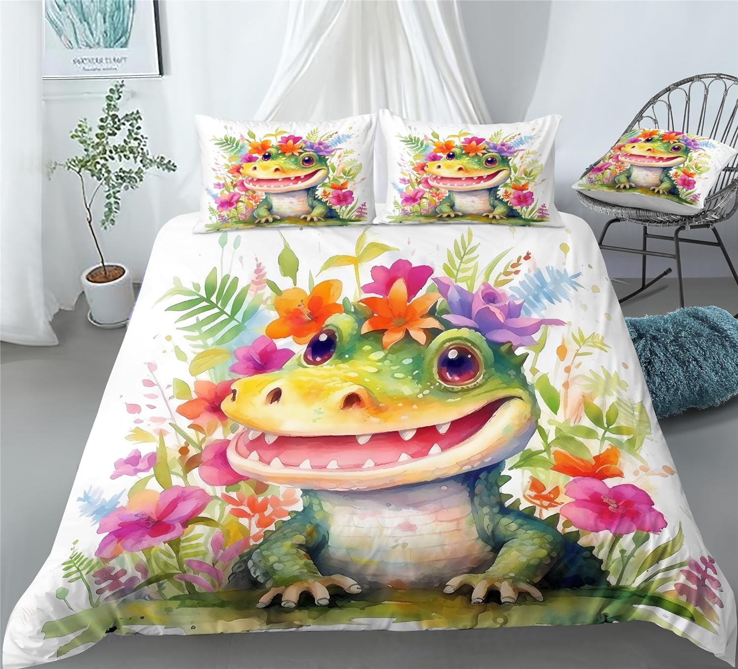 REALIN Crocodile Cartoon Animal Bedding Fierce Alligator Animal Duvet Cover Set Girl Boy Kids Bed Sets 2/3/4PCS Quilt Covers/Sheets/Pillow Shams,Twin/Full/Queen/King (A,Twin-172x218cm-3PCS)