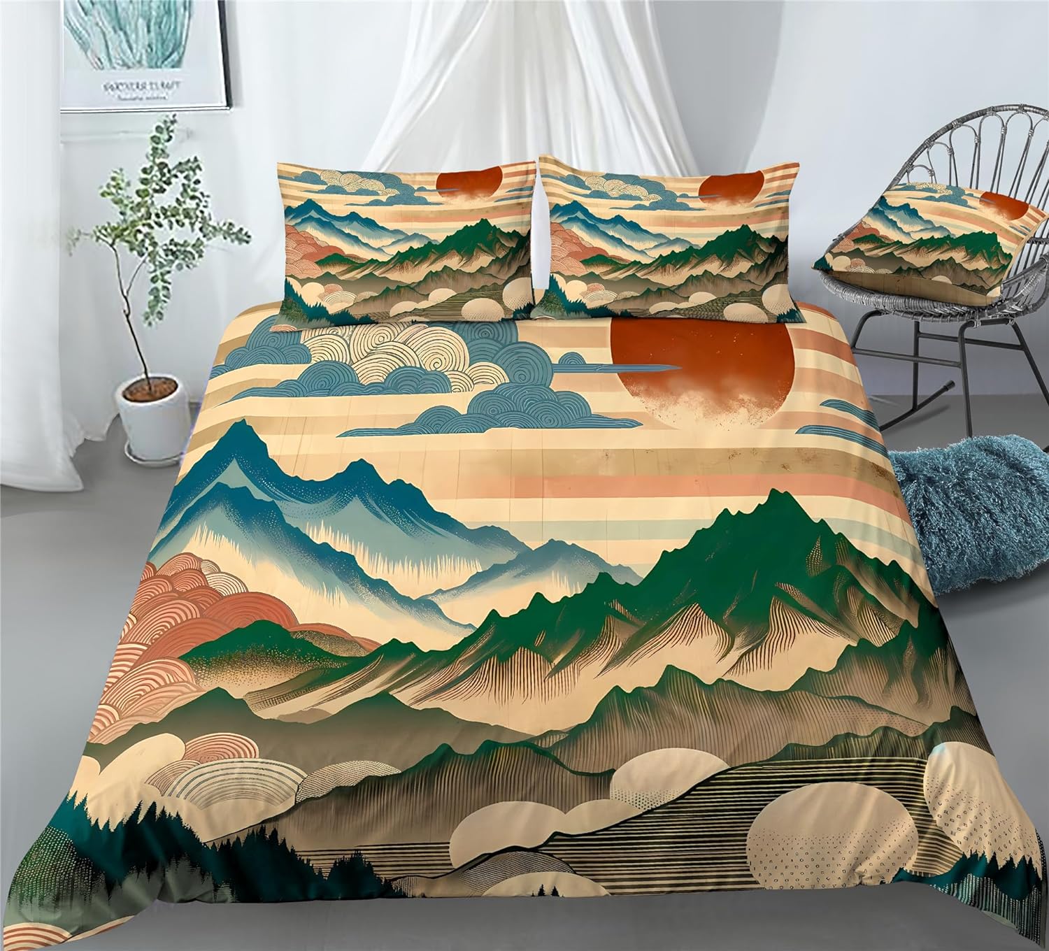 REALIN Hawthorn Duvet Cover Set 3D Bedding Japan Forest Mountain River Bed Sets 2/3/4PCS Quilt Covers/Sheets/Pillow Shams,Twin/Full/Queen/King (Queen-228x228cm-3PCS,A)