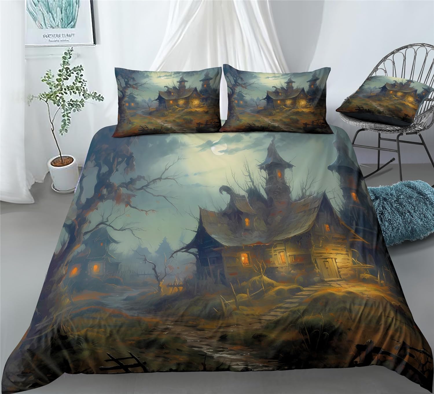 REALIN Moonlight Haunted House Duvet Cover Set Horror Haunted House Bedding Girl Boy Kids Bed Sets 2/3/4PCS Quilt Covers/Sheets/Pillow Shams,Twin/Full/Queen/King (A,Twin-172x218cm-3PCS)