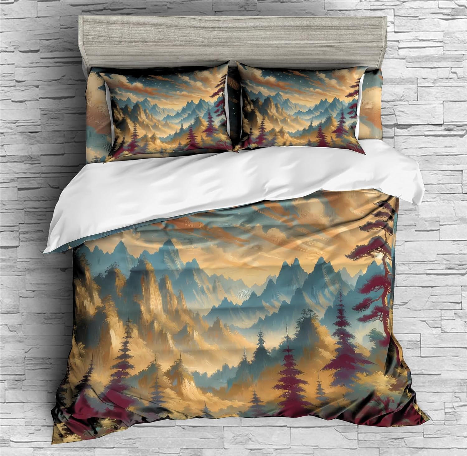 REALIN Mountain Forest Bedding Cloud and Mist on The Mountaintop Duvet Cover Set Girl Boy Kids Bed Sets 2/3/4PCS Quilt Covers/Sheets/Pillow Shams,Twin/Full/Queen/King (A,Twin-172x218cm-3PCS)