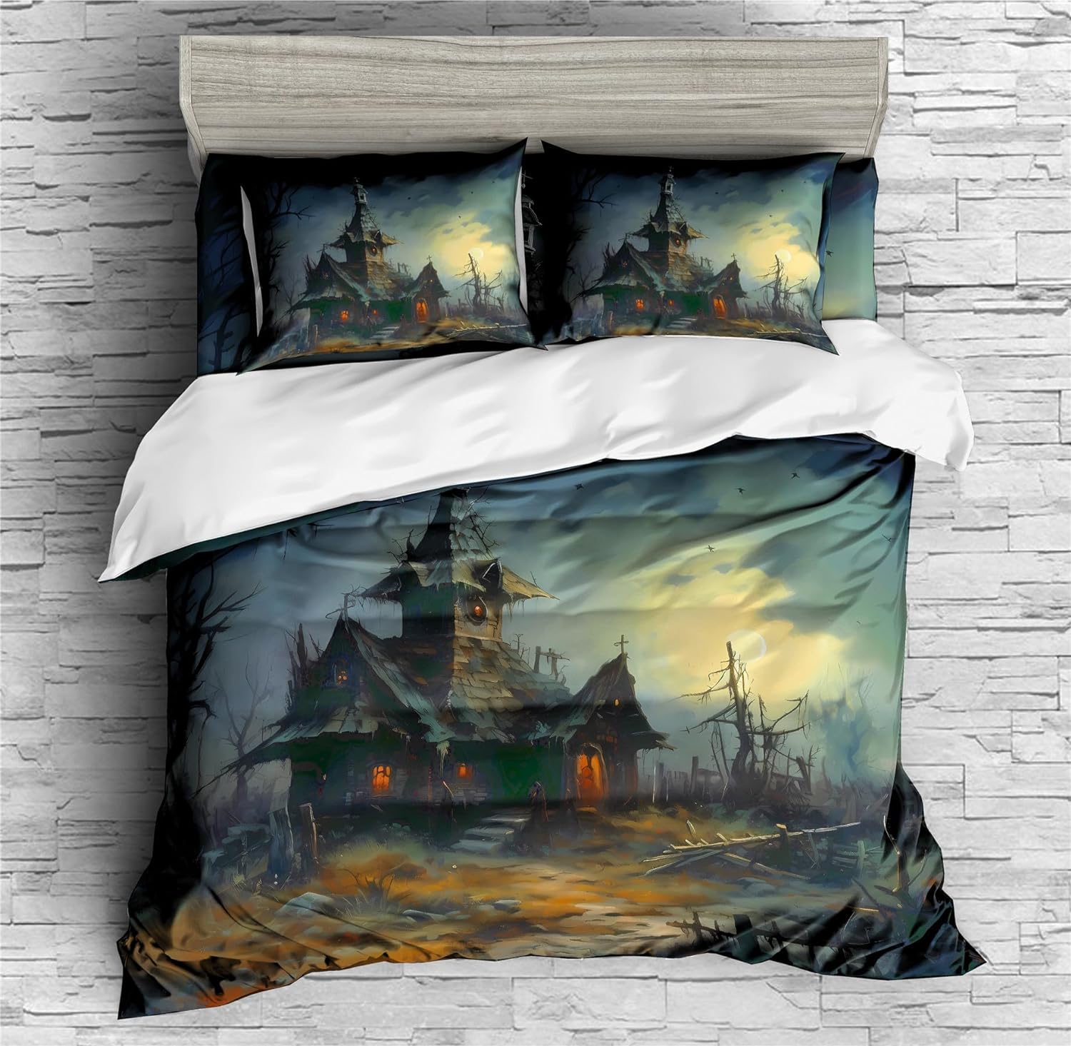 REALIN Moonlight Haunted House Bedding Horror Haunted House Duvet Cover Set Girl Boy Kids Bed Sets 2/3/4PCS Quilt Covers/Sheets/Pillow Shams,Twin/Full/Queen/King (A,Full-200x229cm-4PCS)