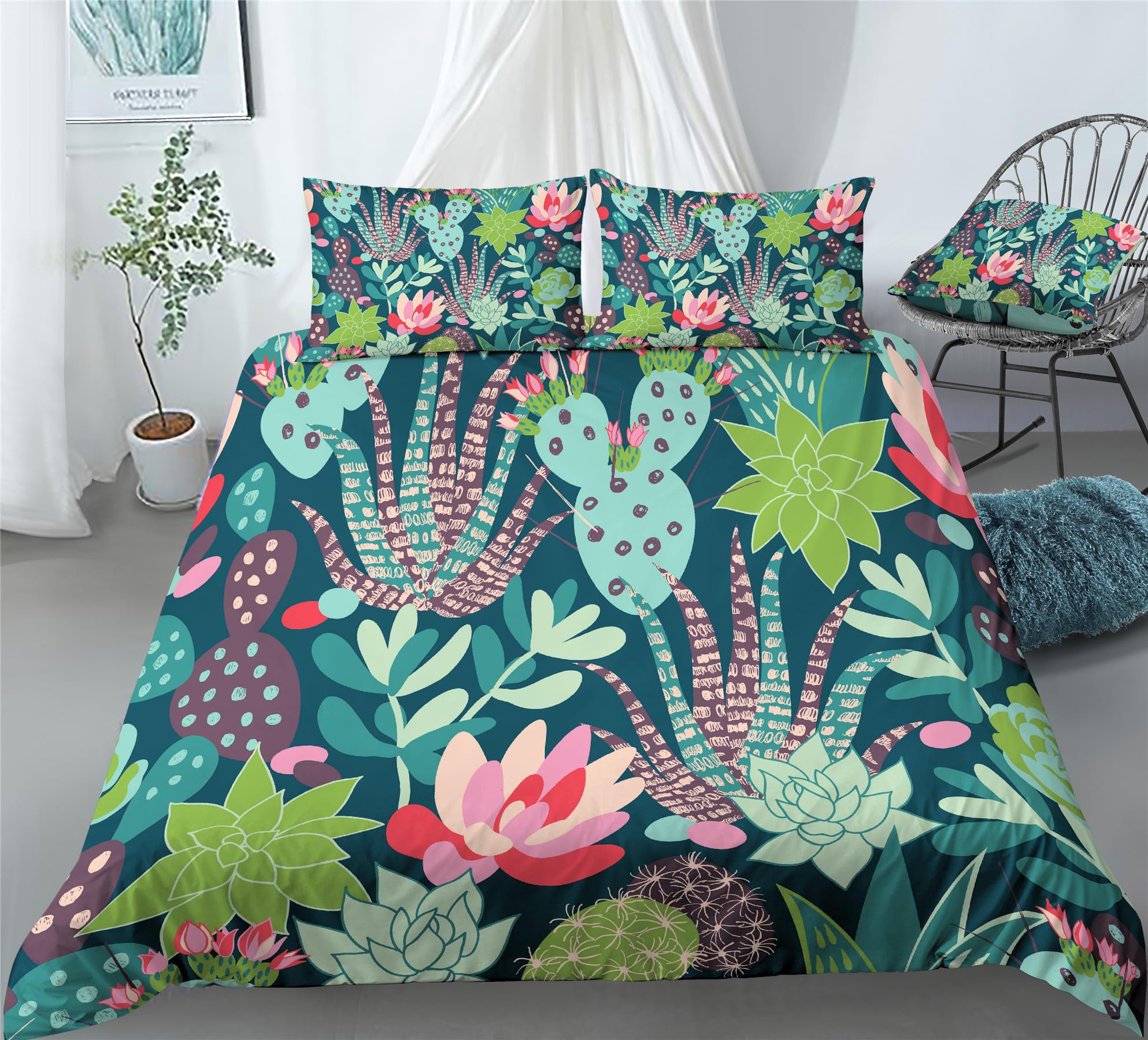 REALIN Hand-Painted Succulent Duvet Cover Set Desert Plant Scrub Cactus Bedding Girl Boy Kids Bed Sets 2/3/4PCS Quilt Covers/Sheets/Pillow Shams,Twin/Full/Queen/King (C,King-229x259cm-3PCS)