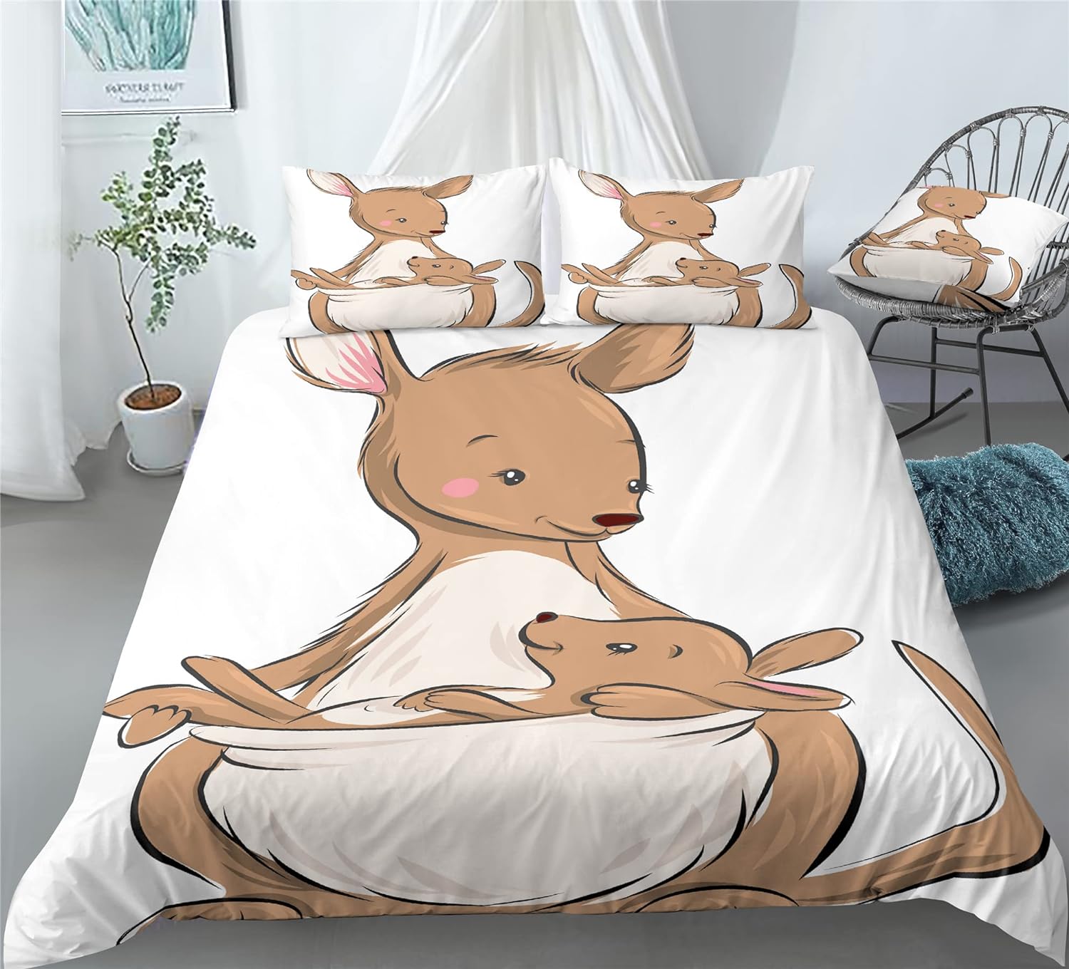 REALIN Cute Cartoon Animal Kangaroo Bedding Kangaroo Print Duvet Cover Set Girl Boy Kids Bed Sets 2/3/4PCS Quilt Covers/Sheets/Pillow Shams,Twin/Full/Queen/King (C,Full-200x229cm-3PCS)