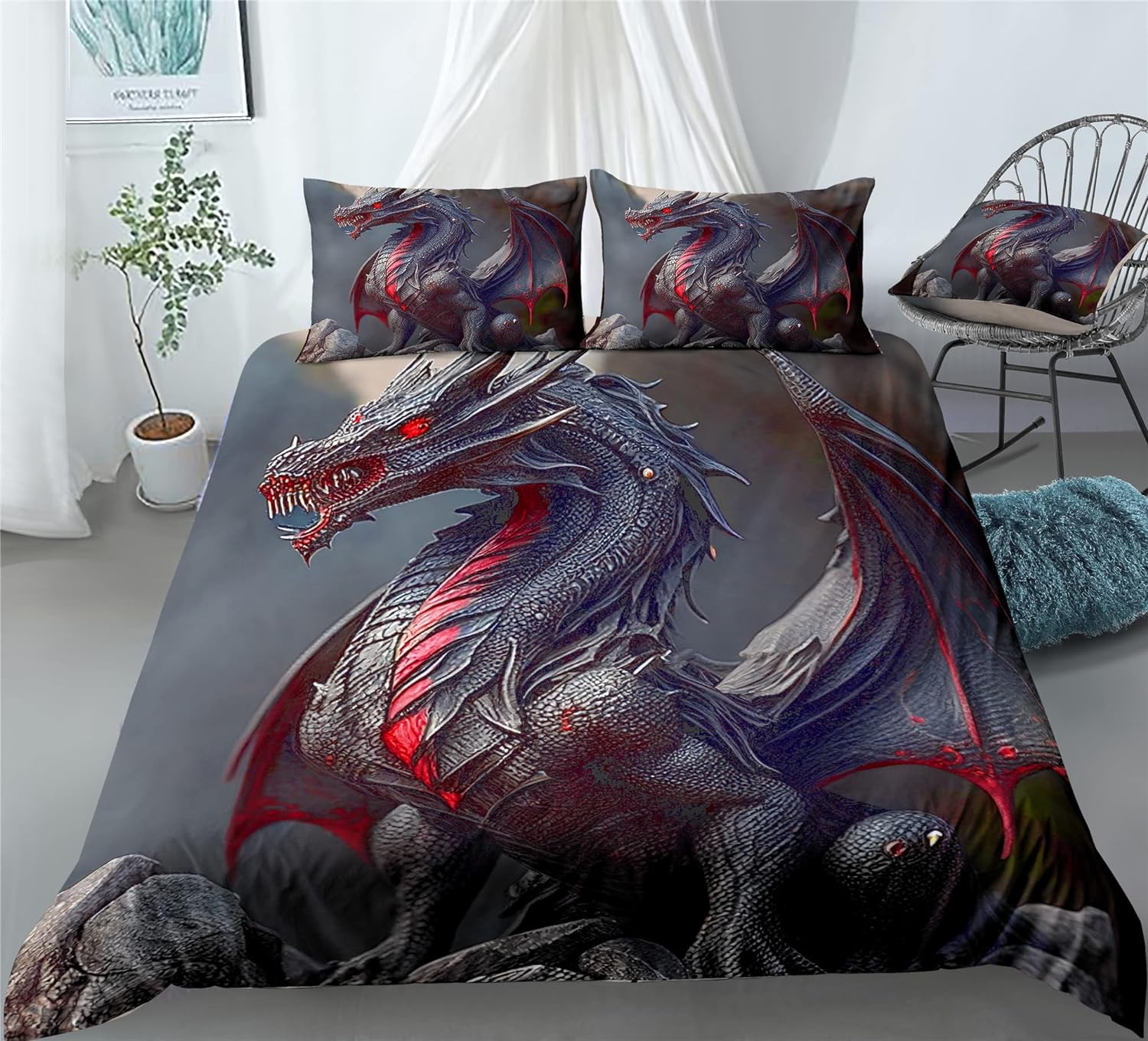 REALIN Dragon Animals Duvet Cover Set Dragon Themes Prints Boys Children Bedding Girl Boy Kids Bed Sets 2/3/4PCS Quilt Covers/Sheets/Pillow Shams,Twin/Full/Queen/King (A,King-229x259cm-3PCS)