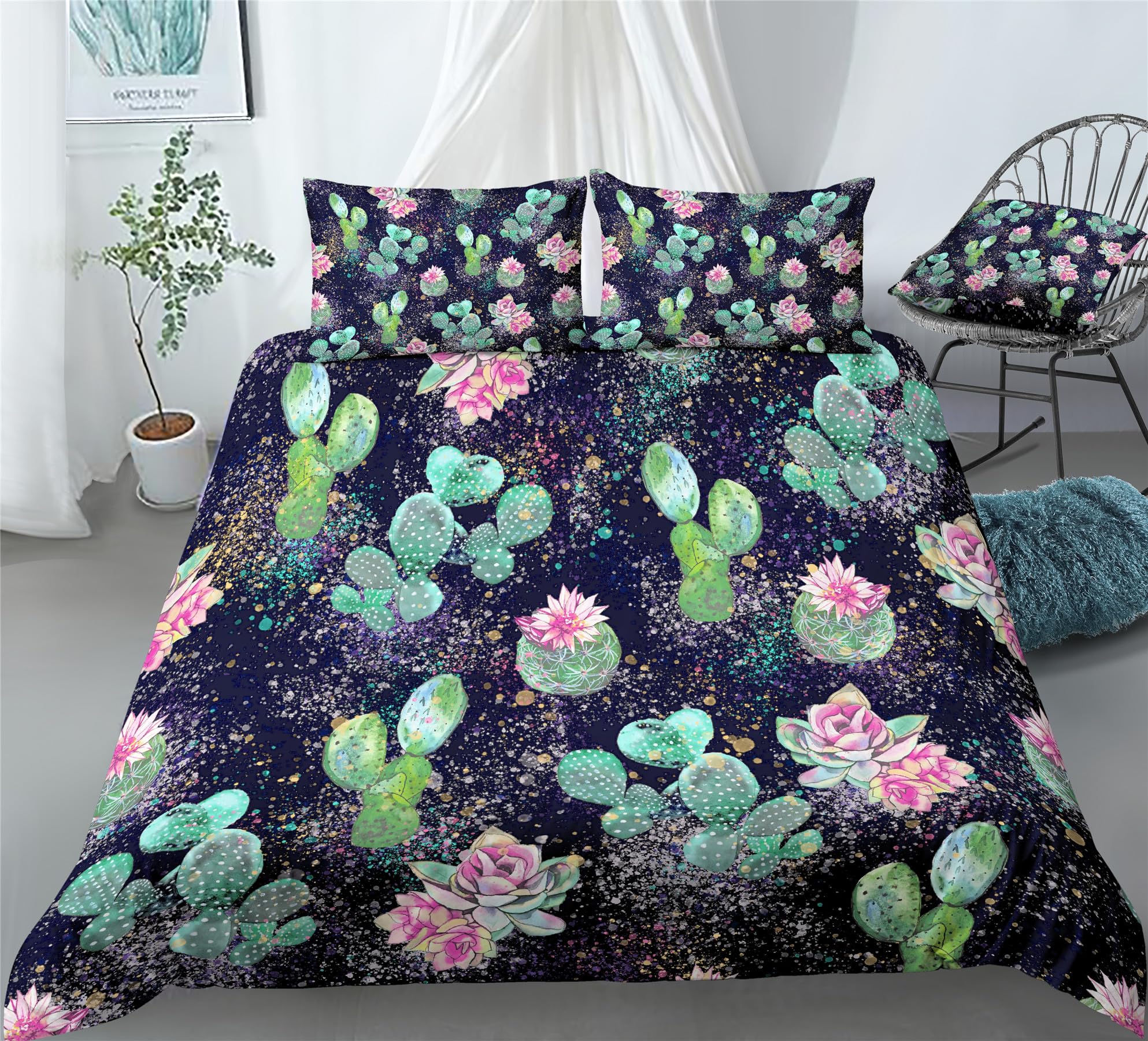 REALIN Succulent Plant Bedding Cactus Flower Green Plant Duvet Cover Set Girl Boy Kids Bed Sets 2/3/4PCS Quilt Covers/Sheets/Pillow Shams,Twin/Full/Queen/King (A,King-229x259cm-4PCS)