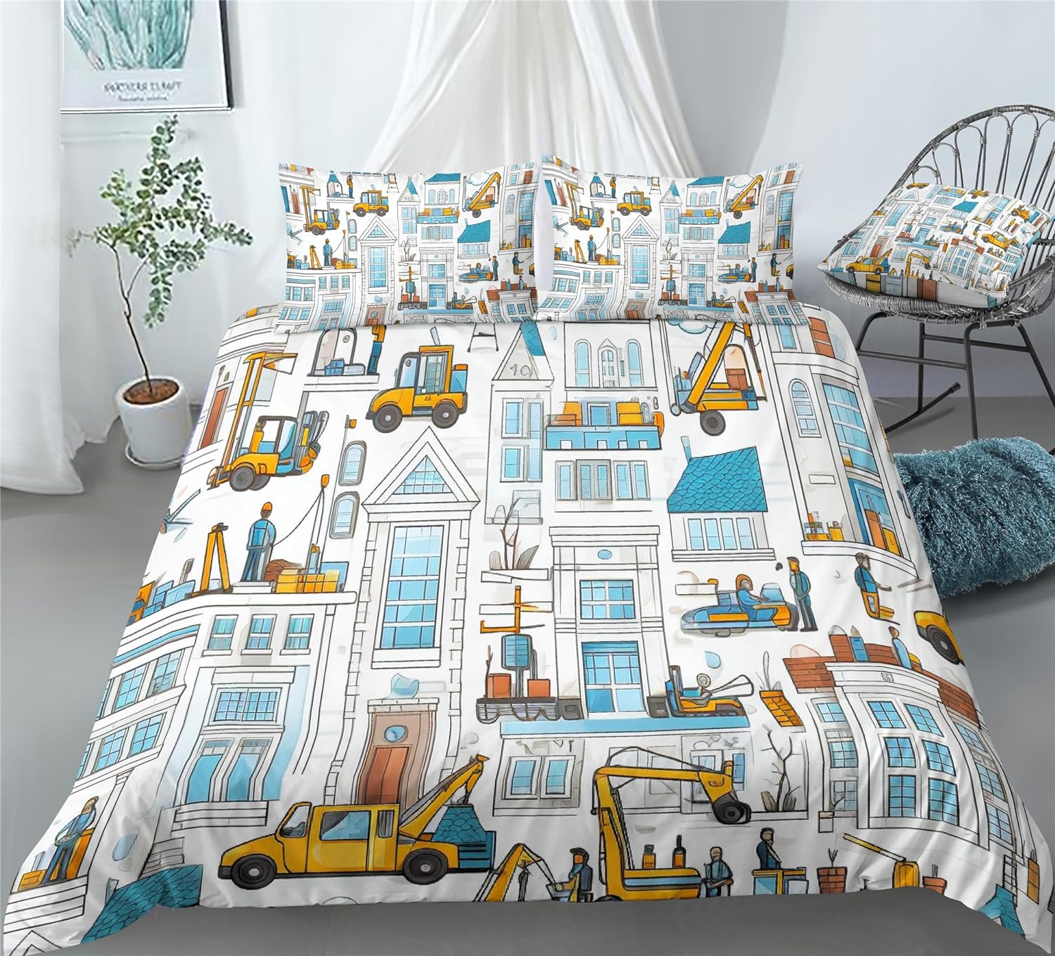 REALIN Truck Printed Duvet Cover Set Children Construction Vehicle Bedding Girl Boy Kids Bed Sets 2/3/4PCS Quilt Covers/Sheets/Pillow Shams,Twin/Full/Queen/King (C,King-229x259cm-4PCS)