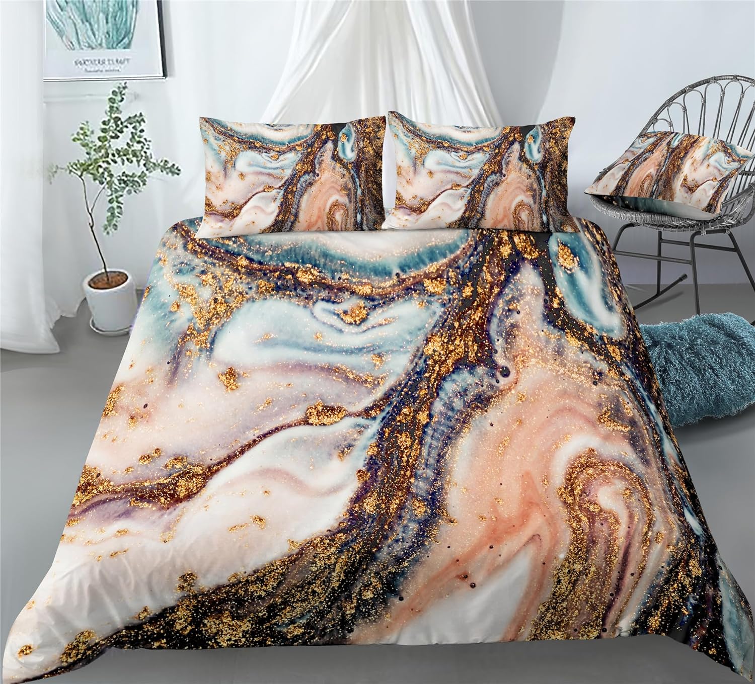 REALIN Color Swirl Marble Duvet Cover Set Marble Prints Bedding Girl Boy Kids Bed Sets 2/3/4PCS Quilt Covers/Sheets/Pillow Shams,Twin/Full/Queen/King (B,Full-200x229cm-3PCS)