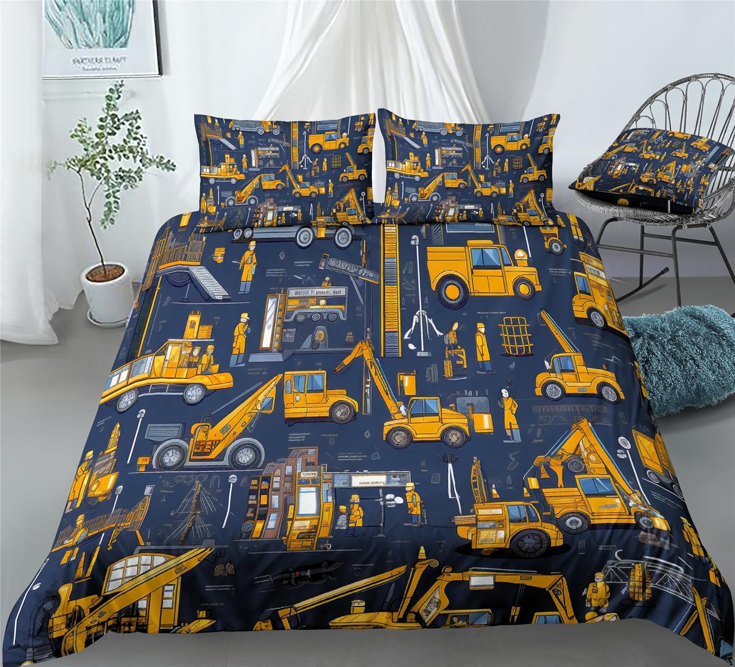 REALIN Truck Printed Duvet Cover Set Children Construction Vehicle Bedding Girl Boy Kids Bed Sets 2/3/4PCS Quilt Covers/Sheets/Pillow Shams,Twin/Full/Queen/King (C,King-229x259cm-4PCS)