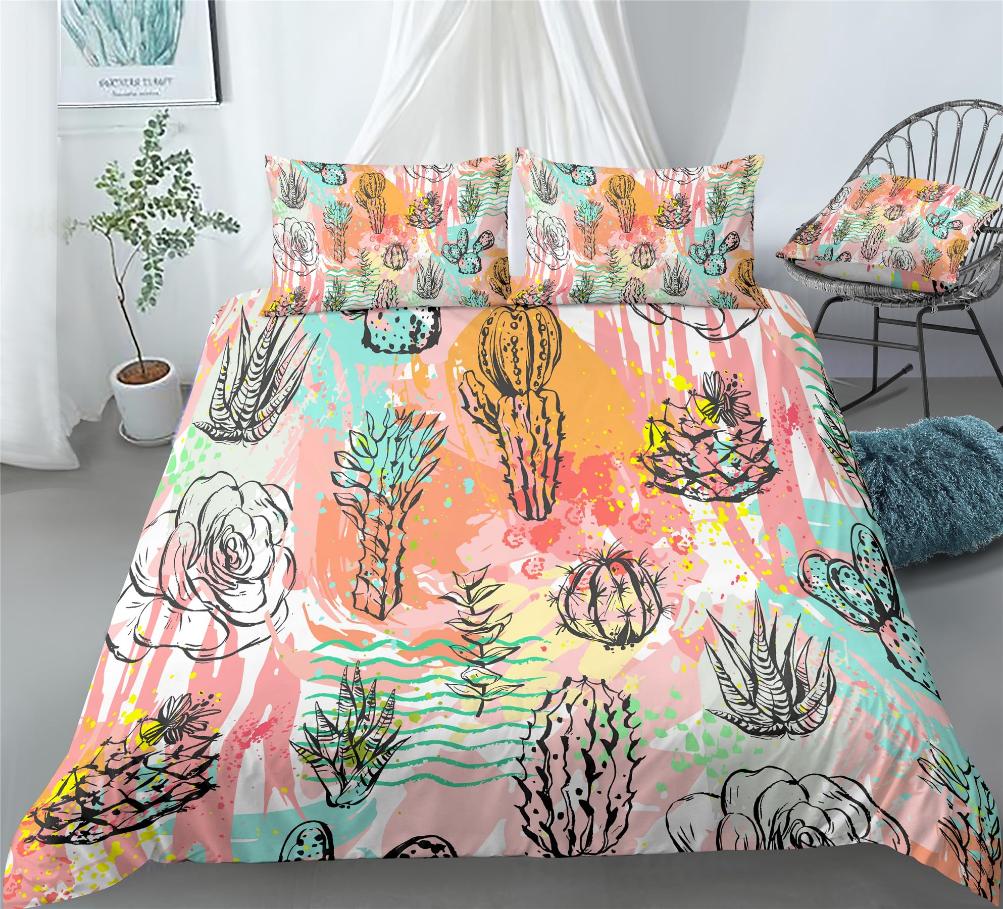 REALIN Cactus Plant Duvet Cover Set Scrub and Cactus Bedding Girl Boy Kids Bed Sets 2/3/4PCS Quilt Covers/Sheets/Pillow Shams,Twin/Full/Queen/King (A,King-229x259cm-4PCS)