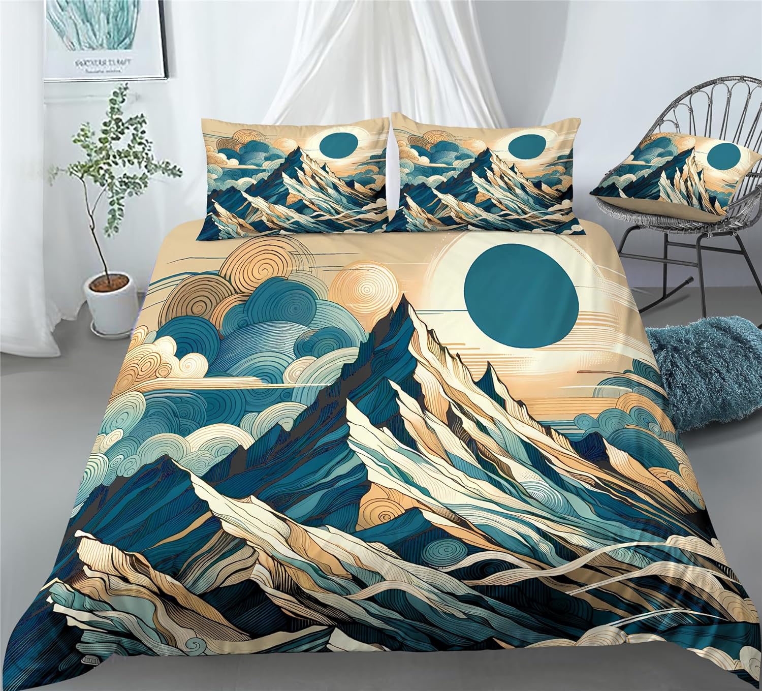 REALIN Mountain Range Forests Duvet Cover Set Natural Scenery Fairyland Bedding Girl Boy Kids Bed Sets 2/3/4PCS Quilt Covers/Sheets/Pillow Shams,Twin/Full/Queen/King (A,Full-200x229cm-4PCS)