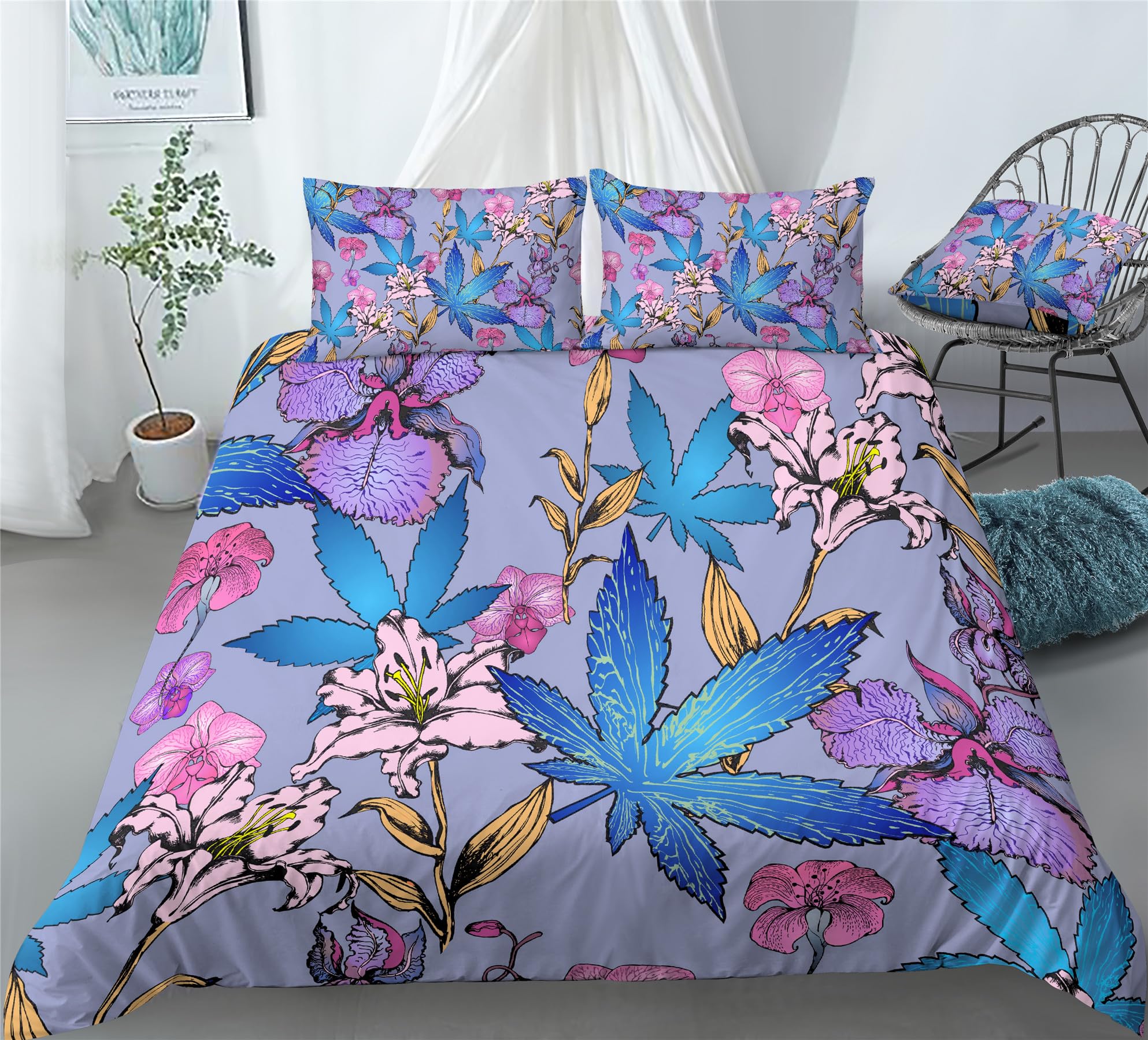 REALIN Hemp Leaf Bedding Plants of Marijuana Hemp Leaf Prints Duvet Cover Set Girl Boy Kids Bed Sets 2/3/4PCS Quilt Covers/Sheets/Pillow Shams,Twin/Full/Queen/King (C,King-229x259cm-4PCS)