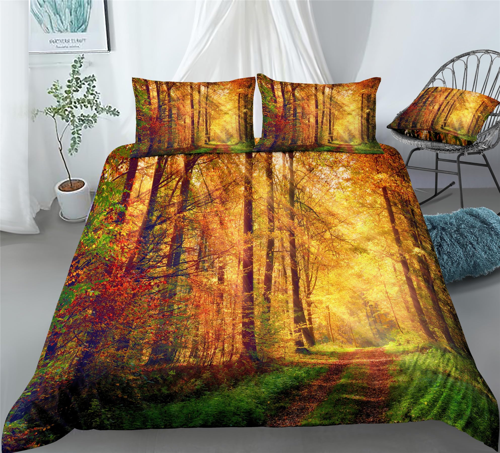 REALIN Autumn Scenery Bedding Forest Autumn Sunshine Duvet Cover Set Girl Boy Kids Bed Sets 2/3/4PCS Quilt Covers/Sheets/Pillow Shams,Twin/Full/Queen/King (B,Full-200x229cm-4PCS)