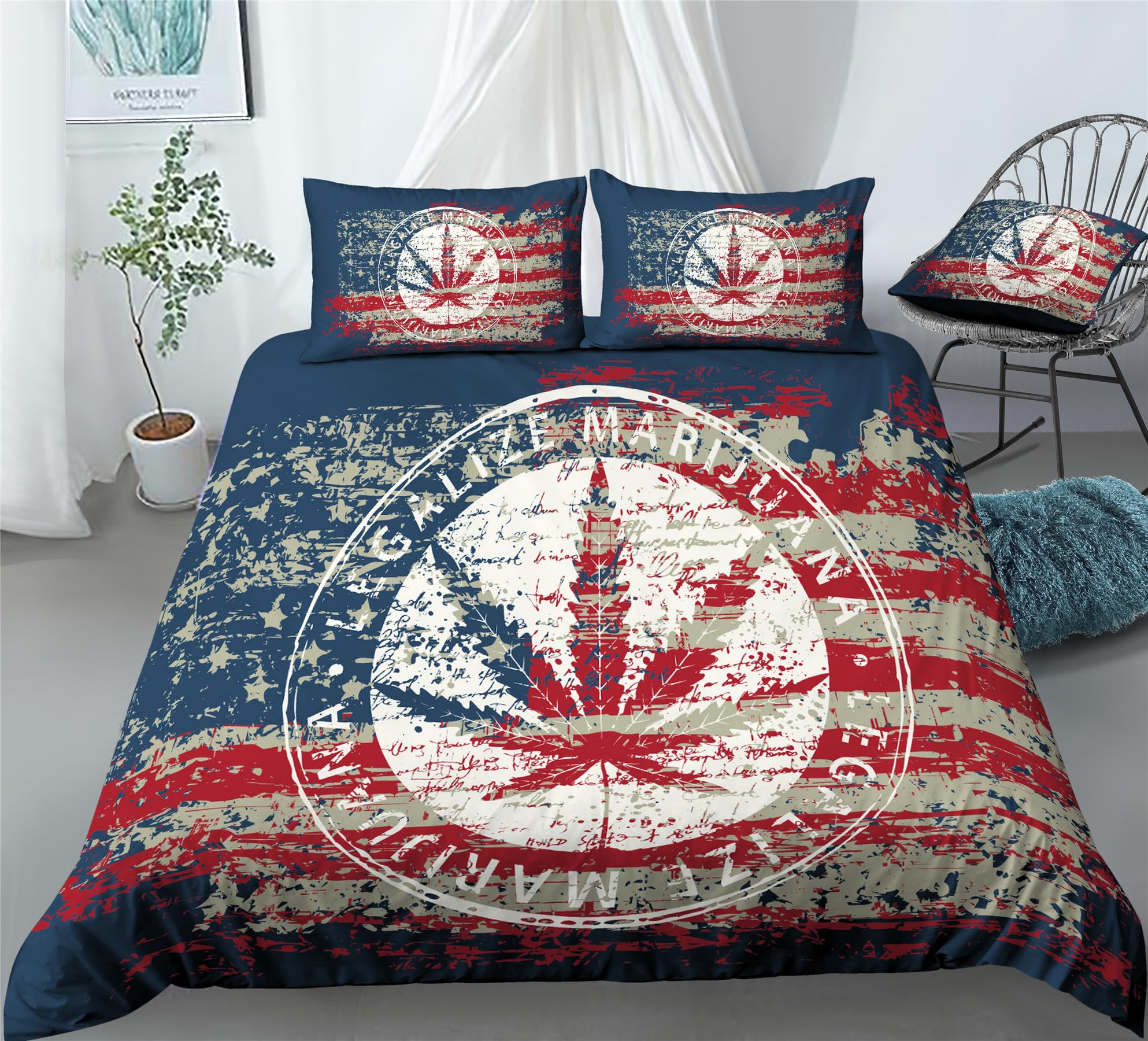 REALIN Vintage Marijuana Decorative Bedding Hemp Plants Prints Duvet Cover Set Girl Boy Kids Bed Sets 2/3/4PCS Quilt Covers/Sheets/Pillow Shams,Twin/Full/Queen/King (A,Full-200x229cm-4PCS)