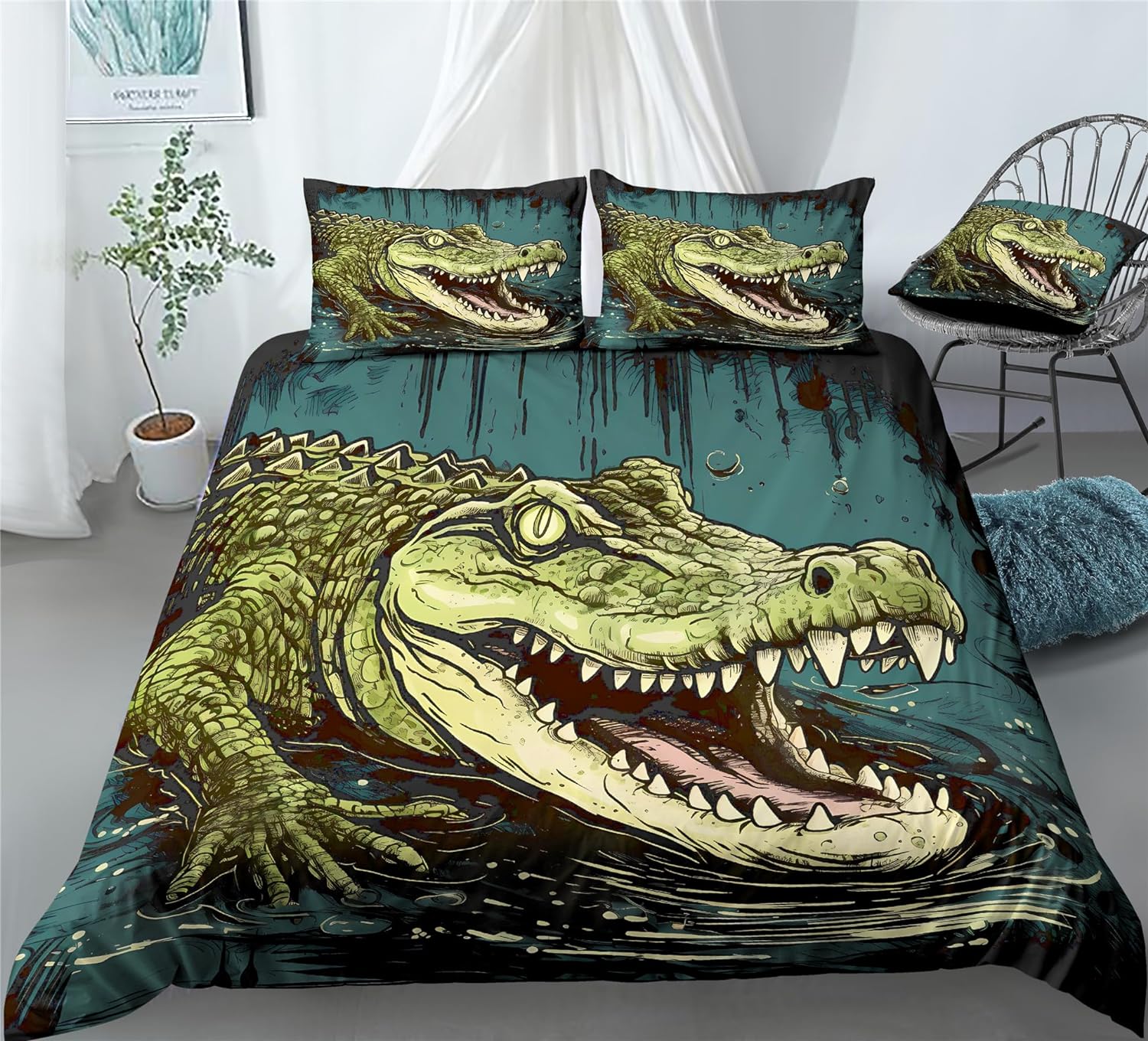 REALIN Crocodiles Animals Bedding Fierce Animals Crocodile Prints Duvet Cover Set Girl Boy Kids Bed Sets 2/3/4PCS Quilt Covers/Sheets/Pillow Shams,Twin/Full/Queen/King (B,Full-200x229cm-3PCS)